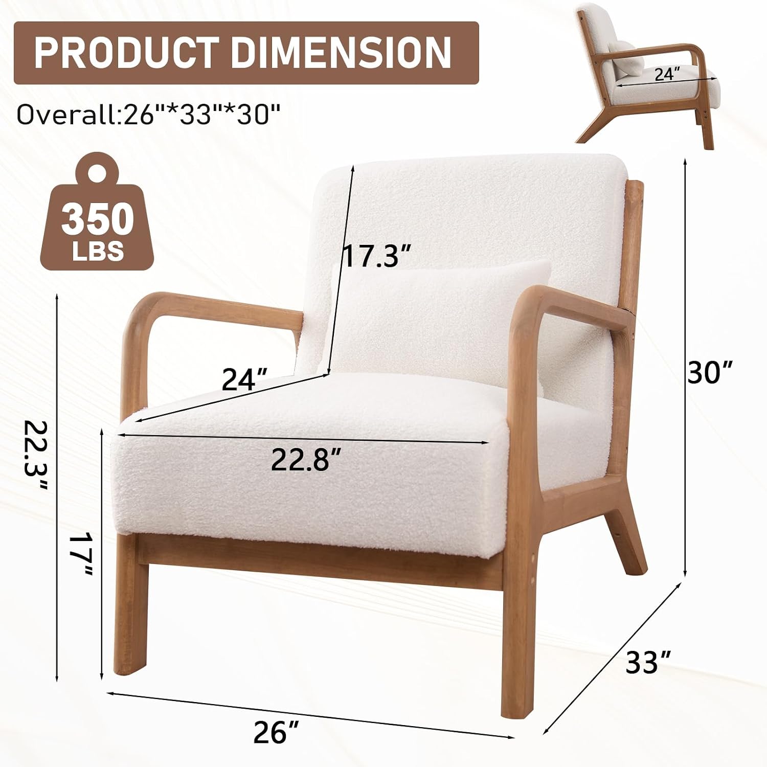 ANJ Mid Century Modern Accent Chair Set of 2, Single Boucle Lounge Reading Armchair with Solid Wood Frame, Easy Assembly Arm Chairs for Living Room, White