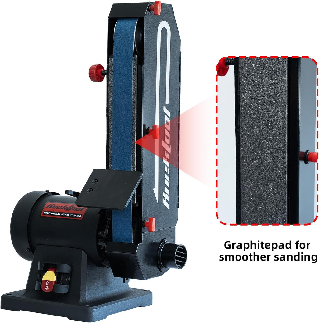 Bucktool 2 x 48 Belt Sander, 1 HP 7A 4500 FPM Bench Belt Sander for Knife Making, Metalworking and Stock Removal, Flat and Curved Sanding Design, Quick Belt Change