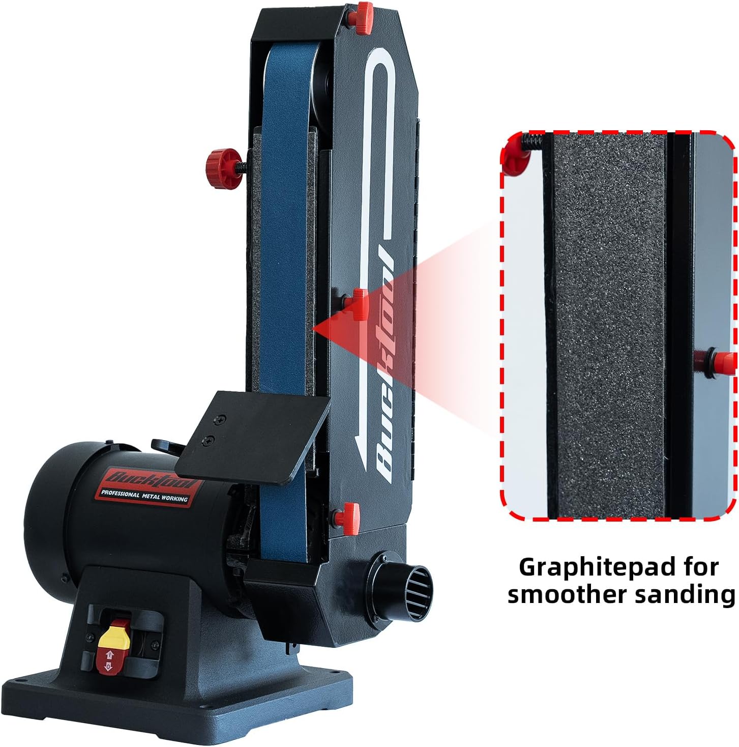 Bucktool 2 x 48 Belt Sander, 1 HP 7A 4500 FPM Bench Belt Sander for Knife Making, Metalworking and Stock Removal, Flat and Curved Sanding Design, Quick Belt Change