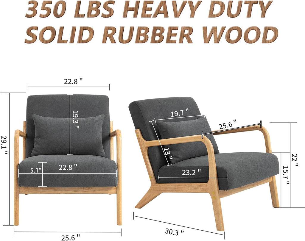 Mid Century Modern Accent Chair with Wood Frame and Linen Fabric Upholstery, Comfortable Lounge Armchair with Pillow, Wooden Accent Chair for Living Room, Bedroom, or Reading Corner
