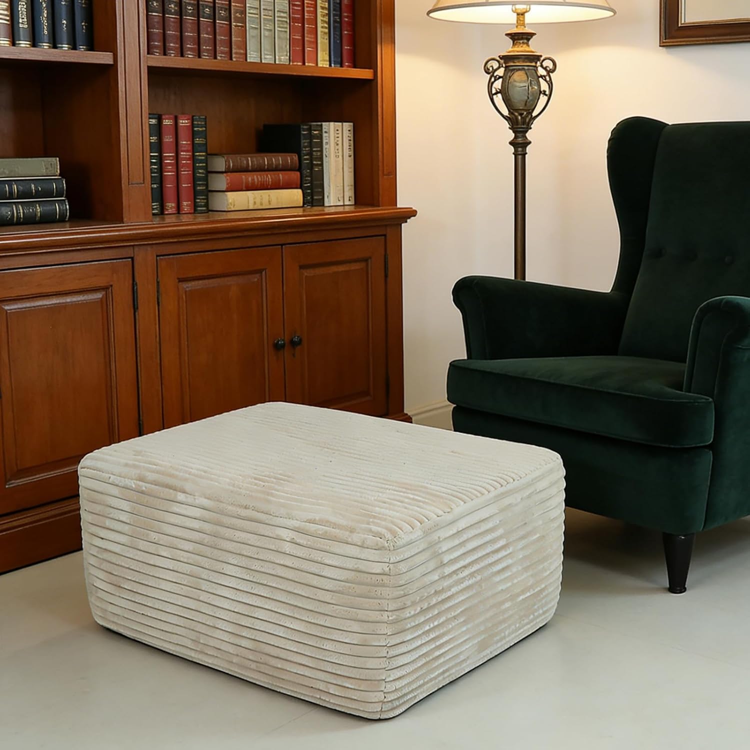 EVLIQUIL Large Ottoman Foot Rest 37' Beige, Sofa Couch Ottomon with Soft Long-Pile Fabric, High Resilience Foam & Spring Support, Ottoman for Living Room Extra Seating
