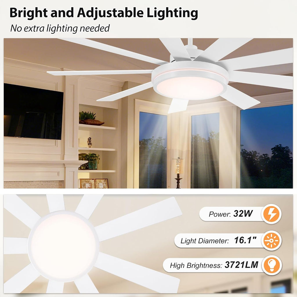 WINGBO 60' Ceiling Fan with Light - Large LED Dimmable Light, 6-Speed Remote Control, Reversible DC Motor, Modern Ceiling Fan 9 Blades for Bedroom, Living Room, Indoor Outdoor White and Oak
