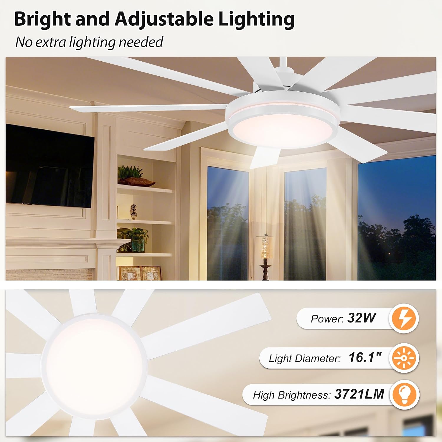 WINGBO 60' Ceiling Fan with Light - Large LED Dimmable Light, 6-Speed Remote Control, Reversible DC Motor, Modern Ceiling Fan 9 Blades for Bedroom, Living Room, Indoor Outdoor White and Oak