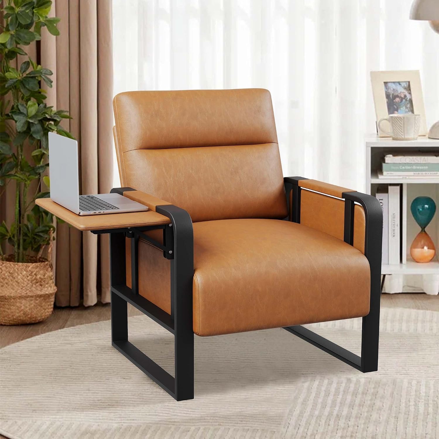 Modern Brown Accent Chair PU Leather Upholstered Armchair with Foldable Side Table for Bedroom Living Room Chairs Office Chair