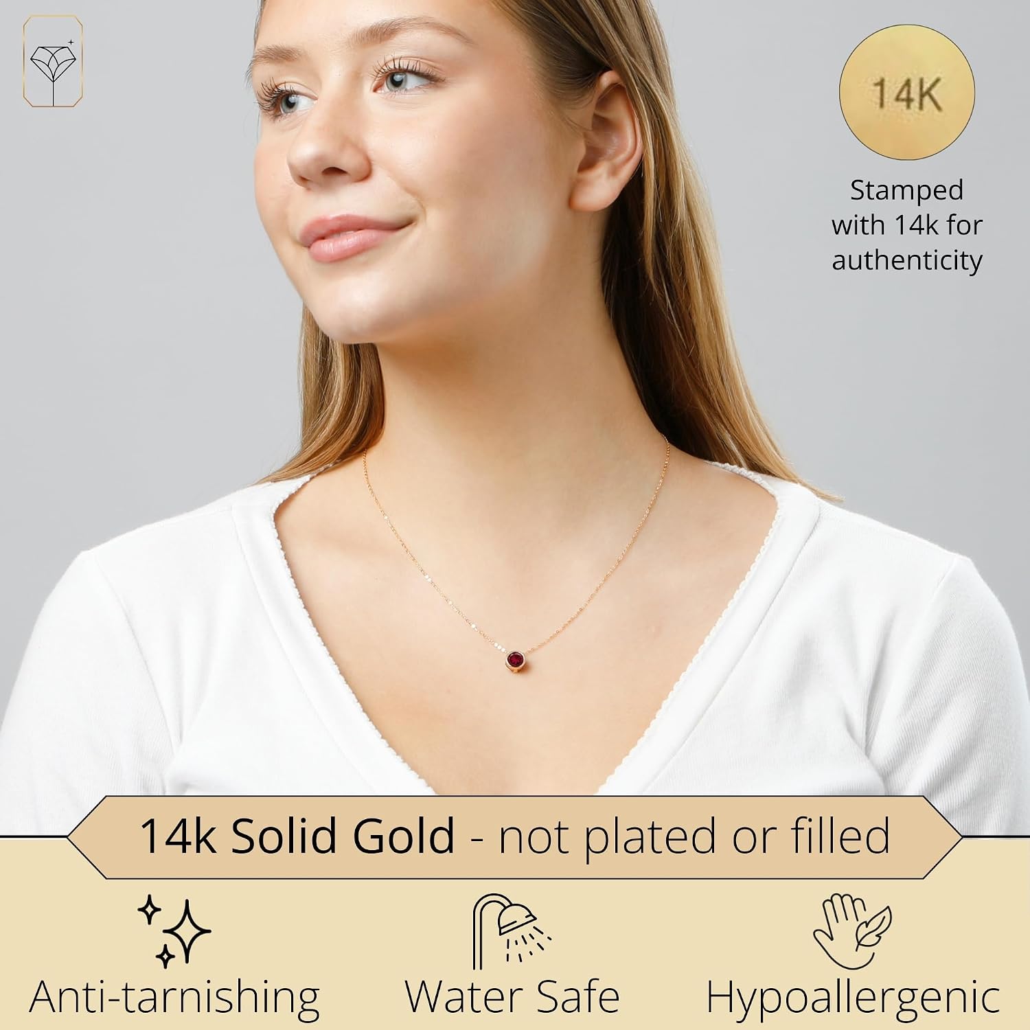 MAX + STONE 14K Gold Gemstone Pendant with 7mm Round Bezel Birthstone | Dainty Round Necklace for Women with Gold 18 Inch Cable Chain | Secure Clasp Pendants with Gift Box
