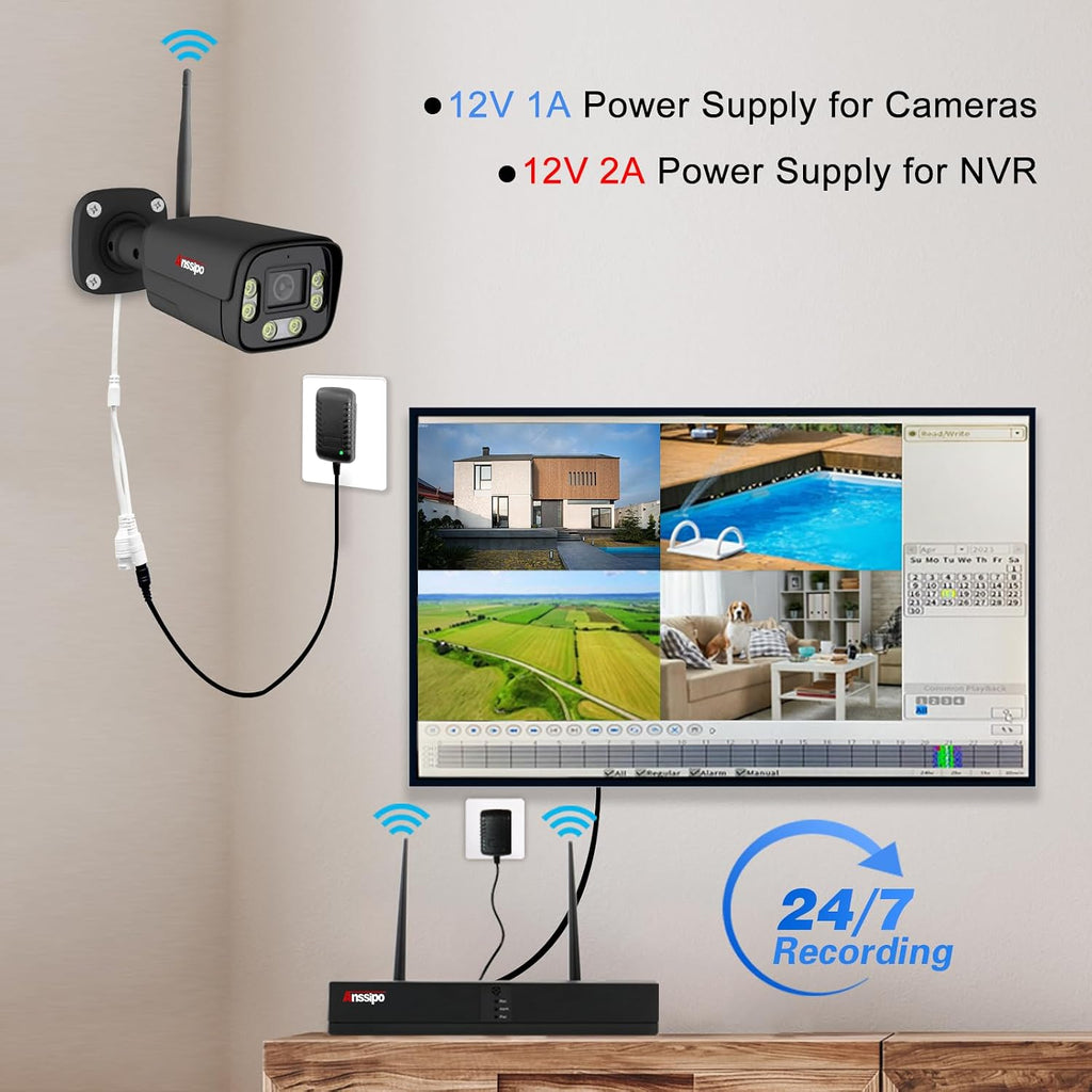 4K Wireless Security Camera System, 8pcs Plug-in WiFi Camera Outdoor Indoor, Dual Warning, 2 Way Audio, Color Night Vision, Person/Face Detection, 8CH WiFi Surveillance NVR, 2TB Hard Drive