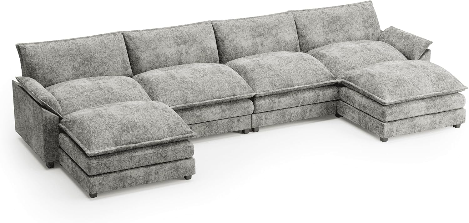 Shahoo Couches for Living Room, Sectional Modular Sofa U Shaped Chenille Fabric Couch with High Supportive & Soft Sponges and Removable Ottoman, Sleeper Comfy Upholstered Couch, Grey