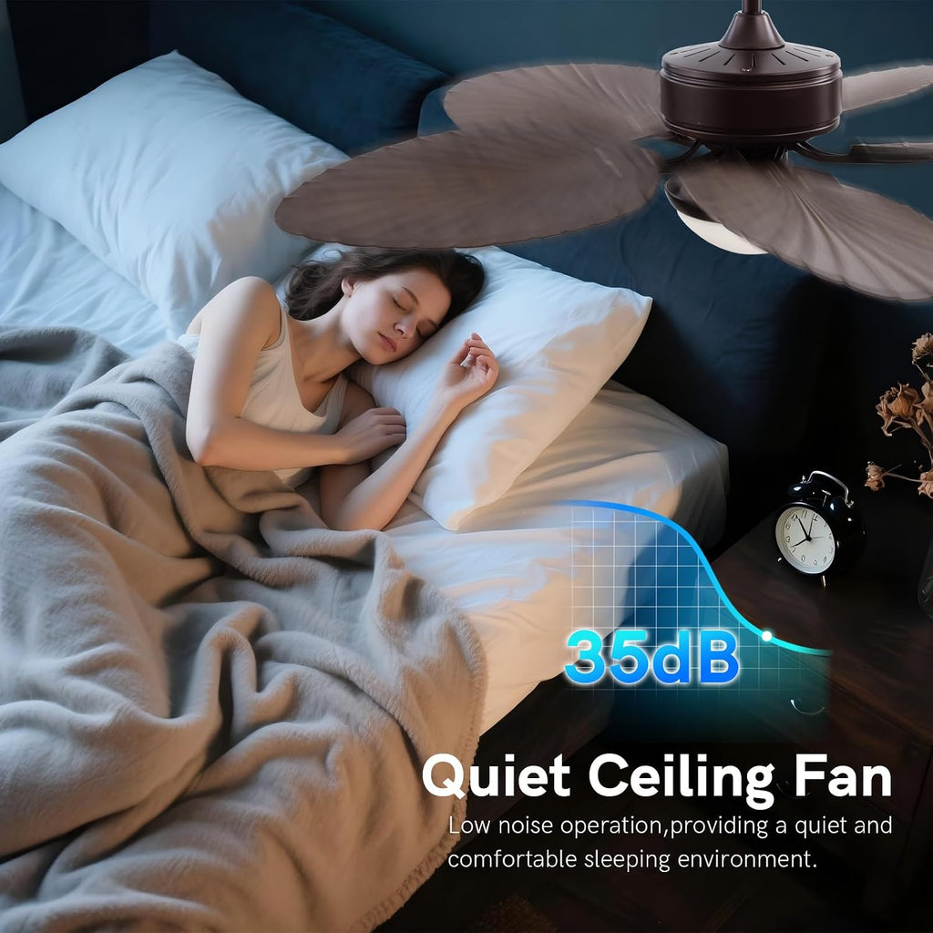 52 Inch Tropical Palm Leaf Ceiling Fan with Light and Remote, Indoor/Outdoor Ceiling Fan with Reversible Quiet DC Motor, Dimmable LED Light, 6 Speeds, for Patio, Porch, Living Room, Bedroom
