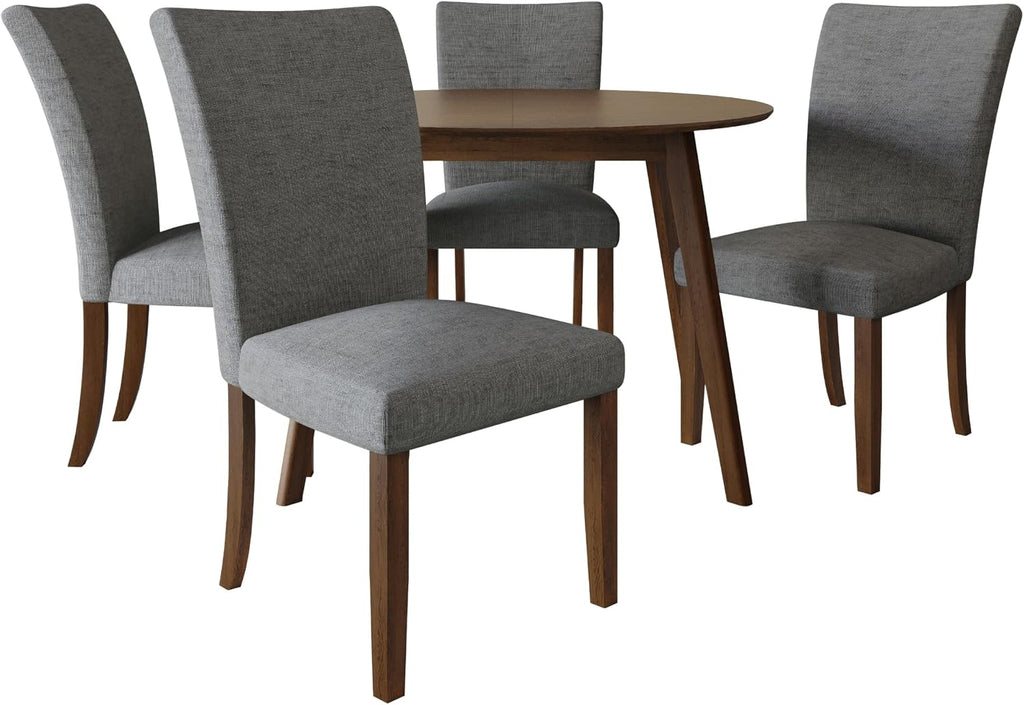 HOME DESIGN Lubec 5-Piece Modern Dining Set – Round Wooden Table & 4 Upholstered Linen Chairs, Curved Backrests, Compact Dining Room Furniture for Kitchen, Apartment, Brown/Gray