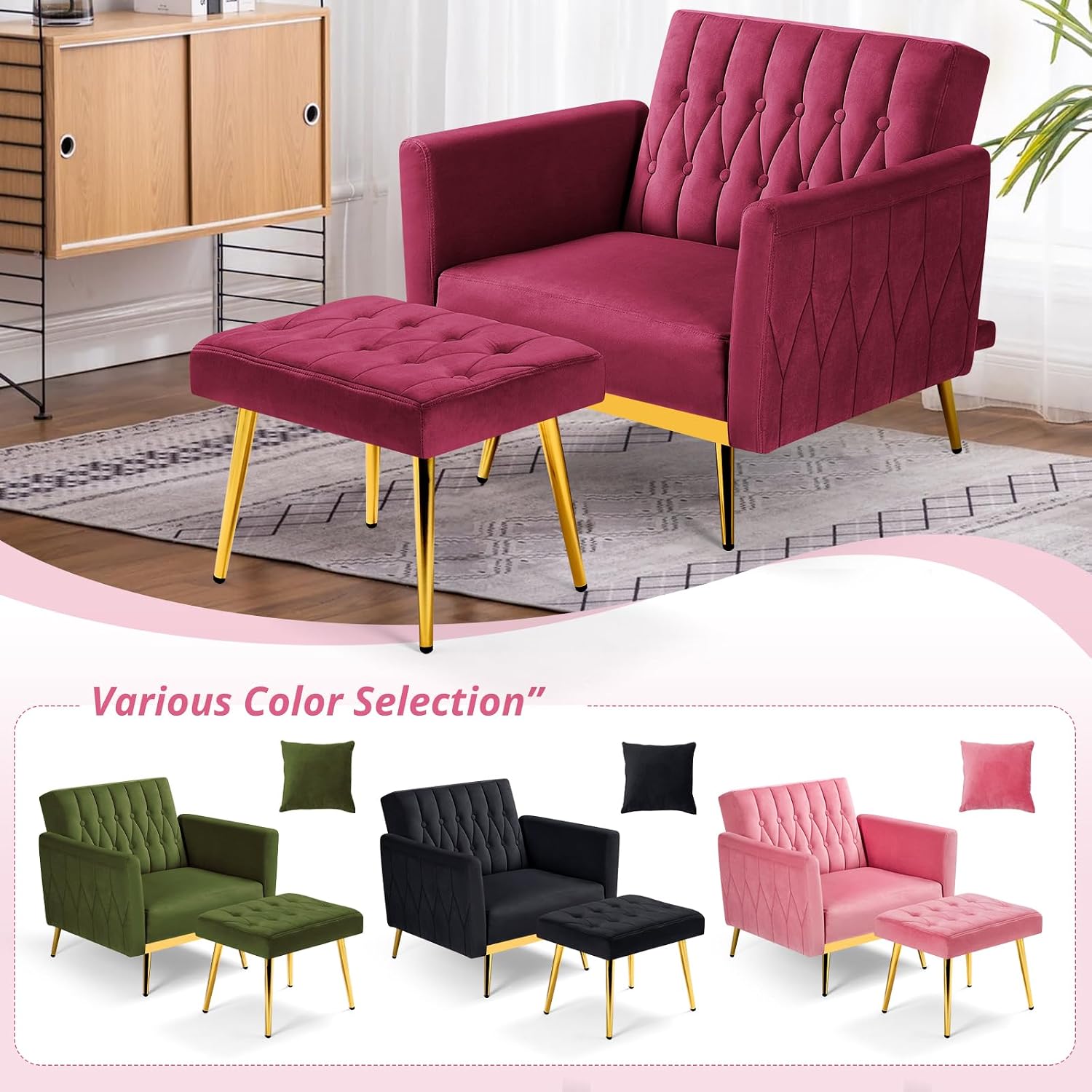 Velvet Accent Chair with Adjustable Armrests and Backrest, Button Tufted Lounge Chair, Single Recliner Armchair with Ottoman and Pillow for Living Room, Bedroom, Fuchsia