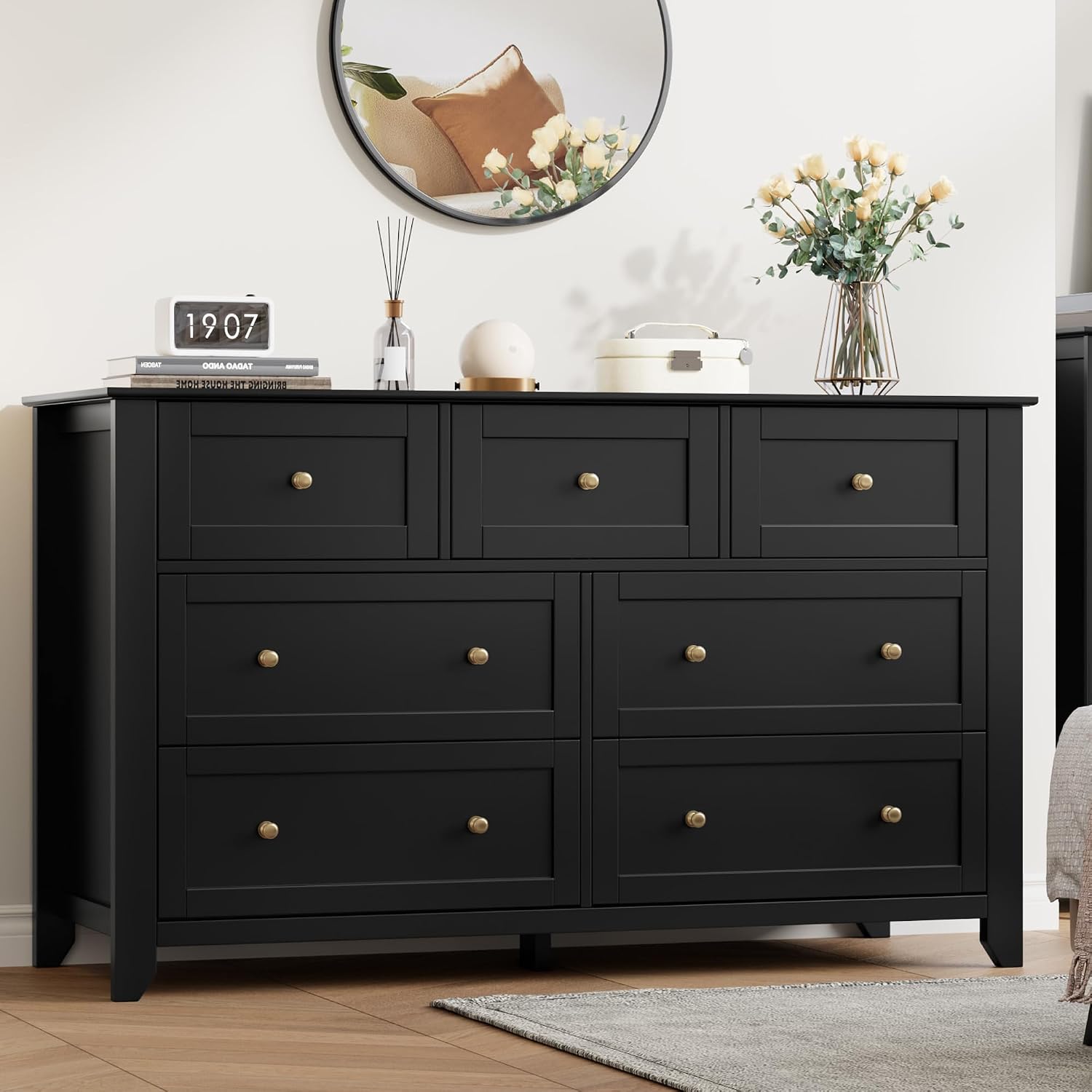 IDEALHOUSE Black 7 Drawer Dresser for Bedroom, 54' Wide Dresser with Deep Drawers & Metal Knobs, Modern Large Wooden Chests of Drawers for Entryway, Hallway