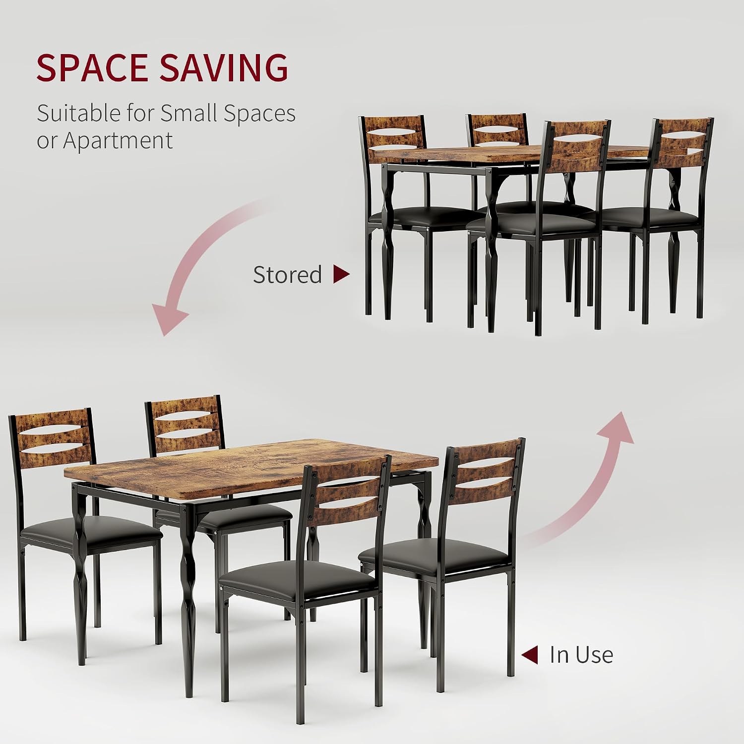 GarveeHome 5 Piece Dining Table Set, Industrial Style Dining Table and Chairs Set for 4, Kitchen Table Set for Dining Room Kitchen Apartment, Brown