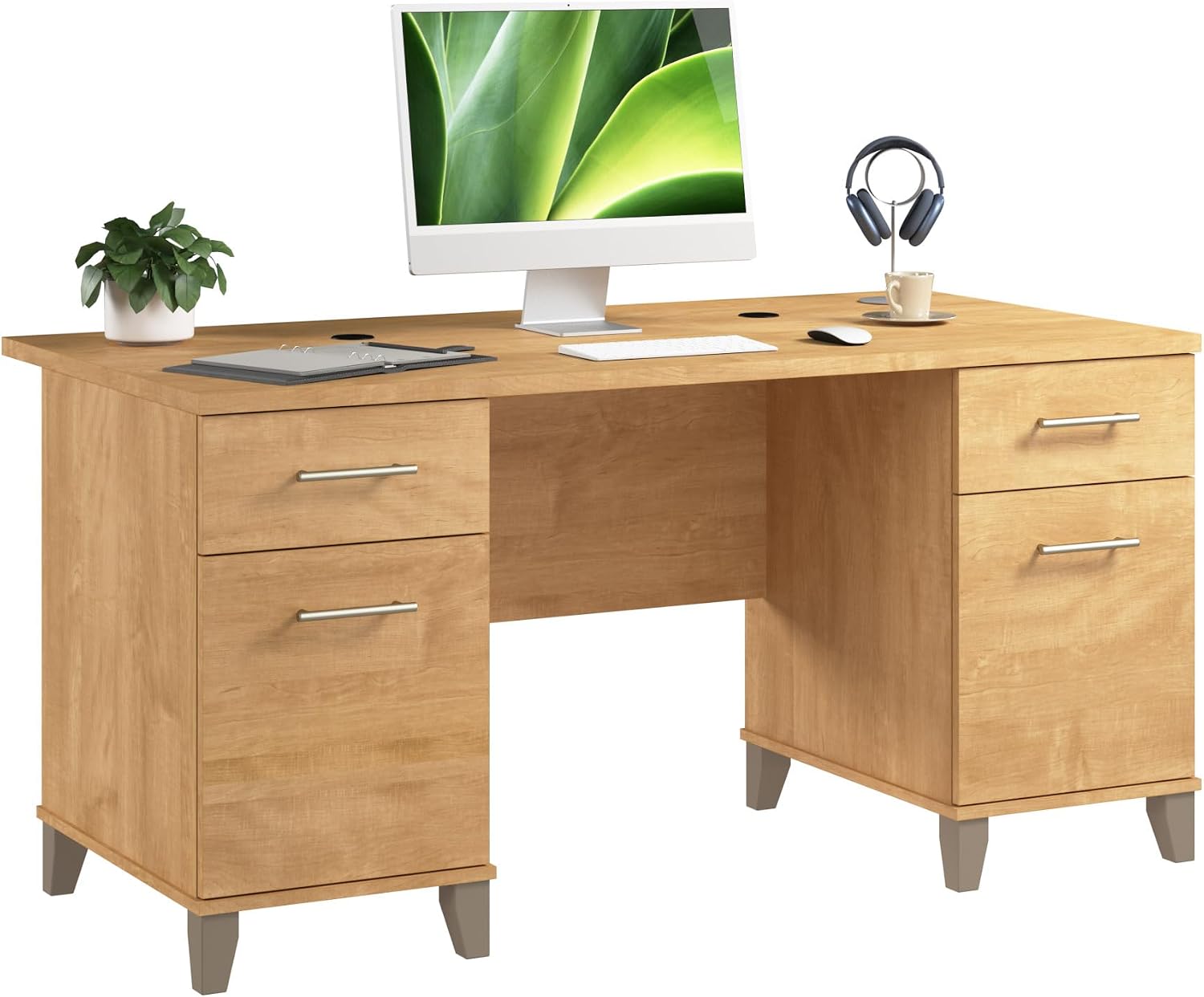Bush Home 60-Inch Office Desk with Drawers, Computer Desk with File and Box Drawers, Home Office Workstation with Storage Cabinet, Writing Desk Furniture, Somerset Collection, Maple Cross