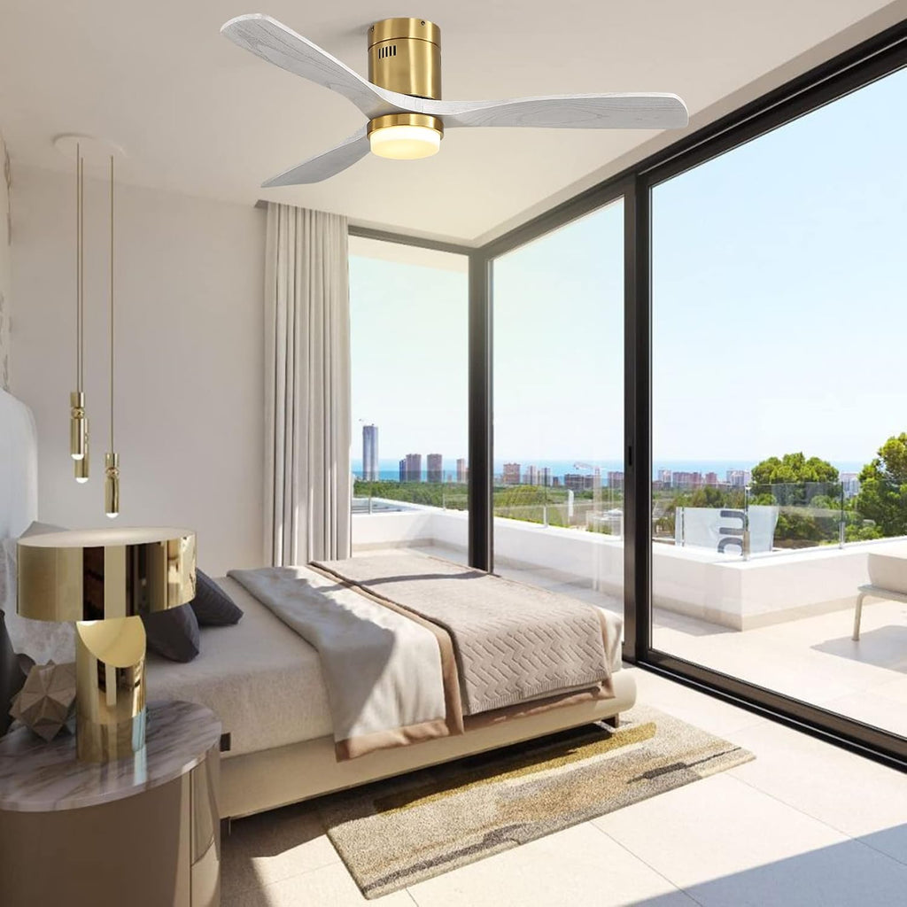 Sofucor 52 Inch Low Profile Ceiling Fan With Lights and Remote, Outdoor Modern Flush Mount Ceiling Fan 6-SPeed 3-CCT with Timer 3 Wood Blades for Bedroom Living Room Patios