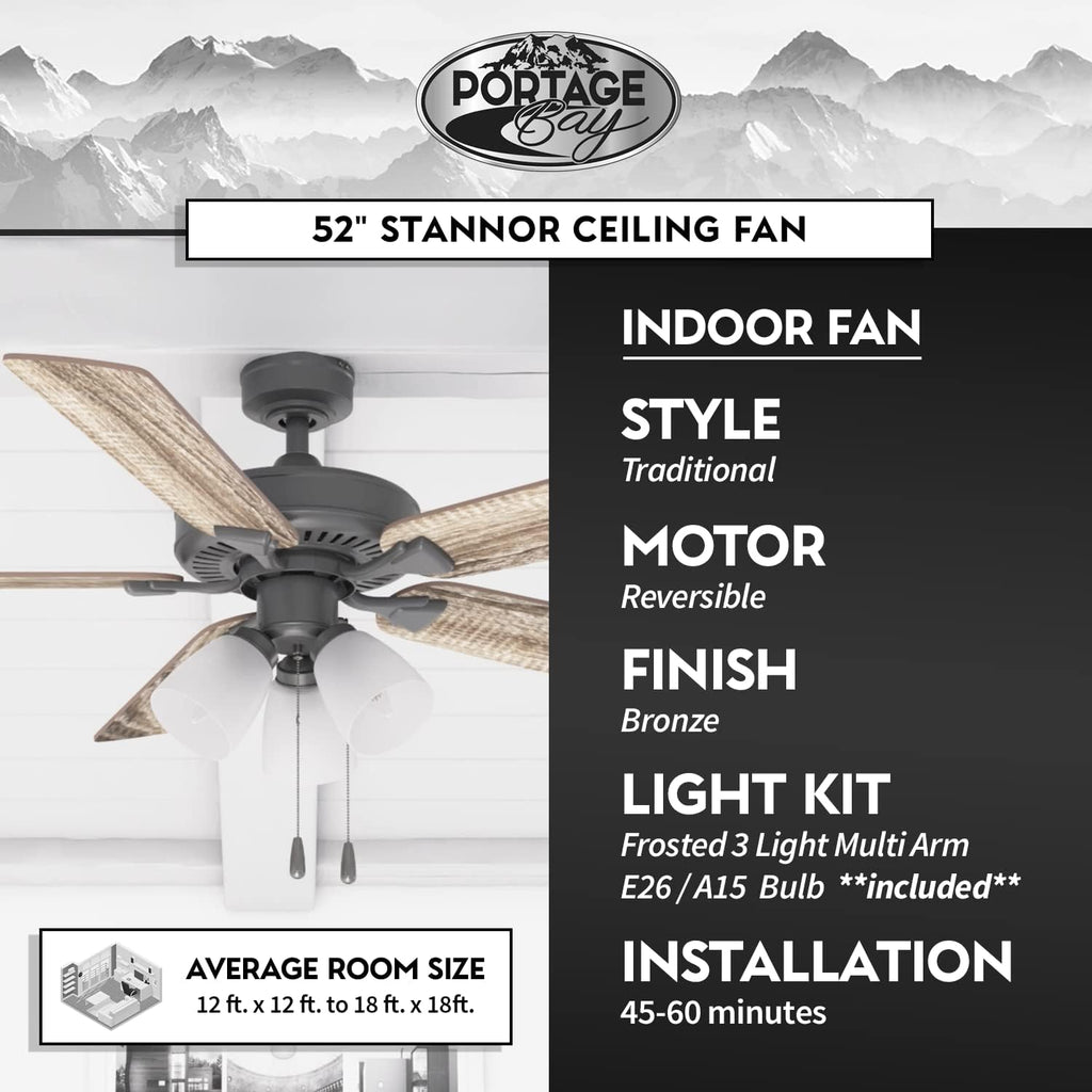 Portage Bay Ceiling Stannor 52' Bronze Indoor Fan with Frosted 3 Light LED Multi Arm E26/A15 Bulb and Pull-Chains, Traditional Style, 5 Reversible Barnwood/Northern Ebony Blades, 51434