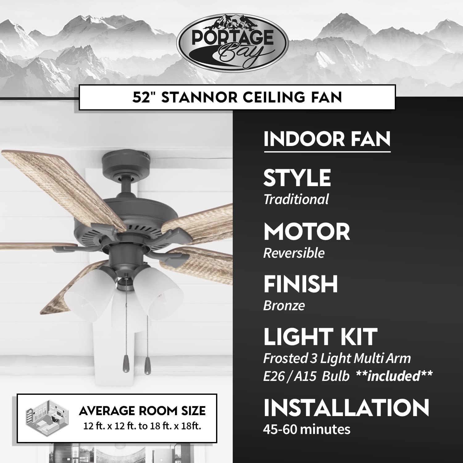 Portage Bay Ceiling Stannor 52' Bronze Indoor Fan with Frosted 3 Light LED Multi Arm E26/A15 Bulb and Pull-Chains, Traditional Style, 5 Reversible Barnwood/Northern Ebony Blades, 51434