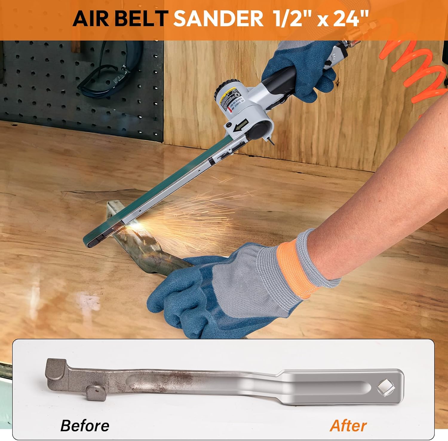 1/2' x 24' Air Belt Sander, Mini Belt Sander for Woodworking/Metal Working Handheld All Angle Grinder Belt Sander Industrial Pneumatic Tool