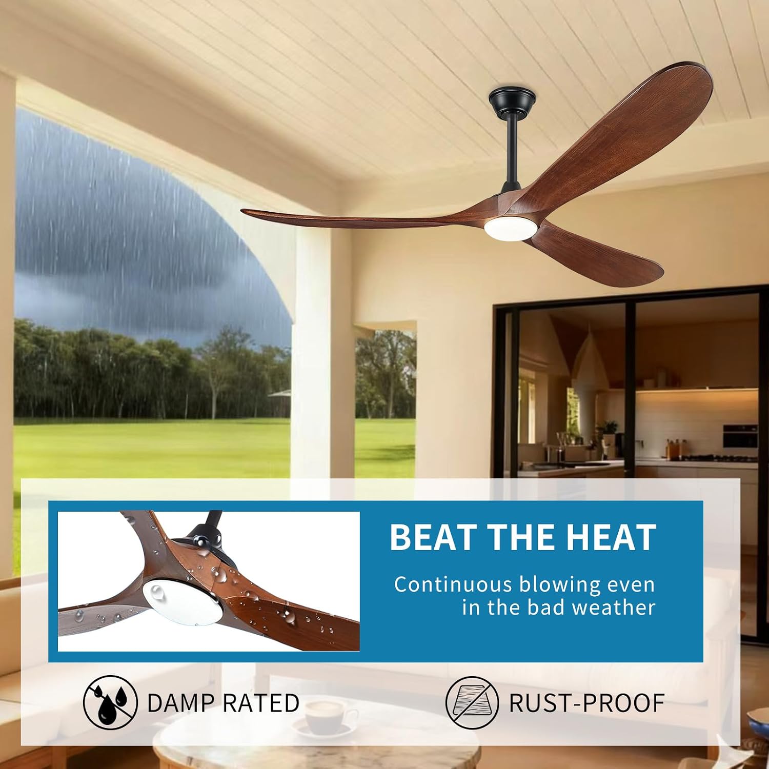 Ceiling Fan with Light: Large Outdoor Ceiling Fans for Patios with Alexa/App/Remote Control, 3 Blades Wood Modern Farmhouse Fan, Commercial Home Ceiling Fan for Outside Porch Indoor Office