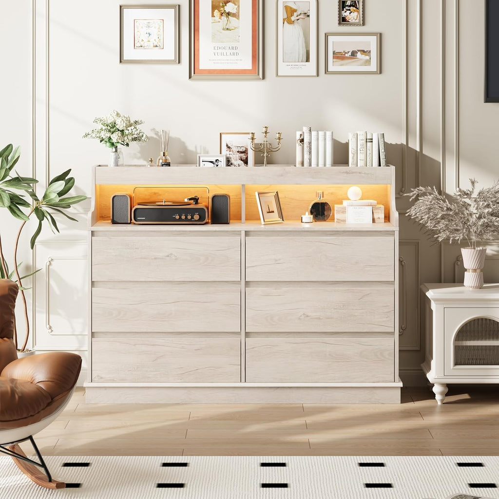 Garvee LED Dresser with Charging Station - Modern 5-Drawer 47' Wide Wooden Chest, Storage Organizer for Bedroom, Nursery, Hallway & Apartments