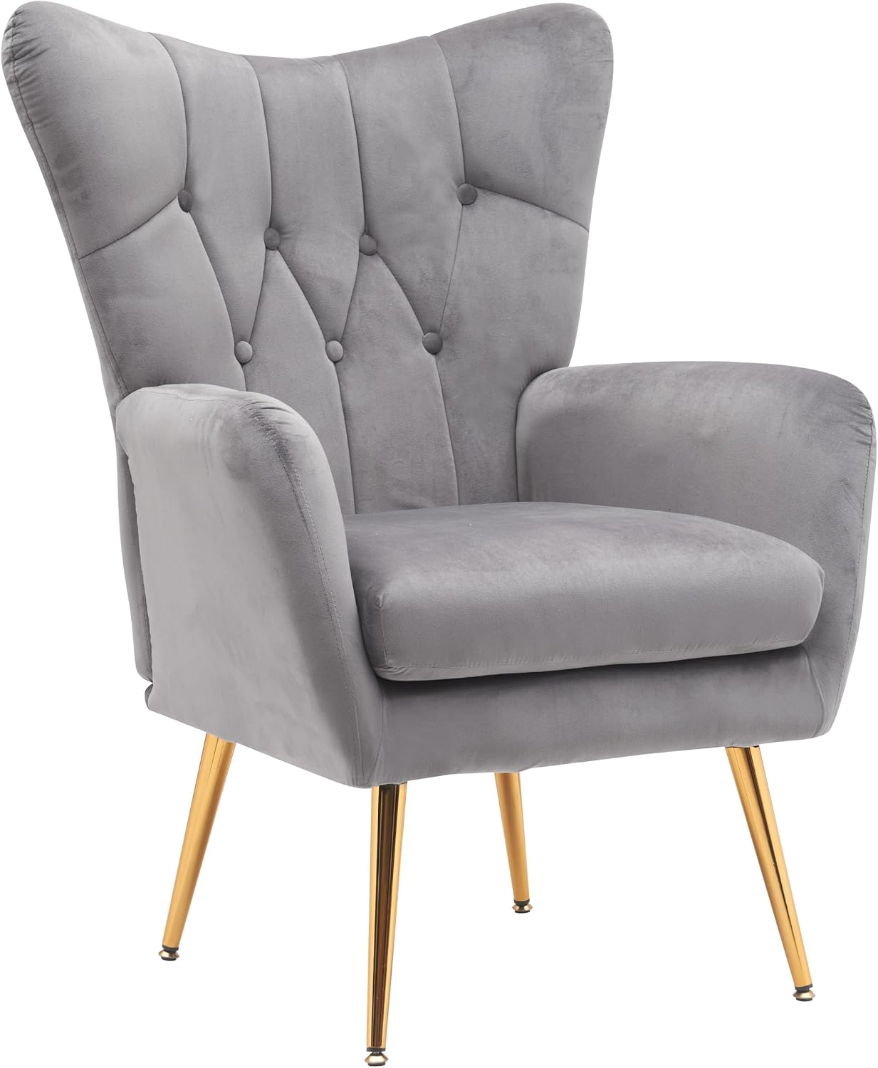 Container Furniture Direct Modern Chic Mid-Century Velvet Accent Armchair for Living Room, Bedroom, or Home Office, Button-Tufted Wingback Design with Gold Flared Legs, Grey