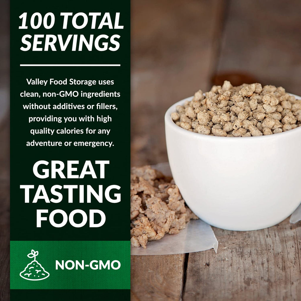 Valley Food Storage Freeze Dried Sausage Crumbles | 10-Bag Bucket, 85 oz | Premium Emergency Food Supply, 25 Year Shelf Life | Prepper Supplies, Survival Food, Camping & Off-Grid Living | Packaged in USA