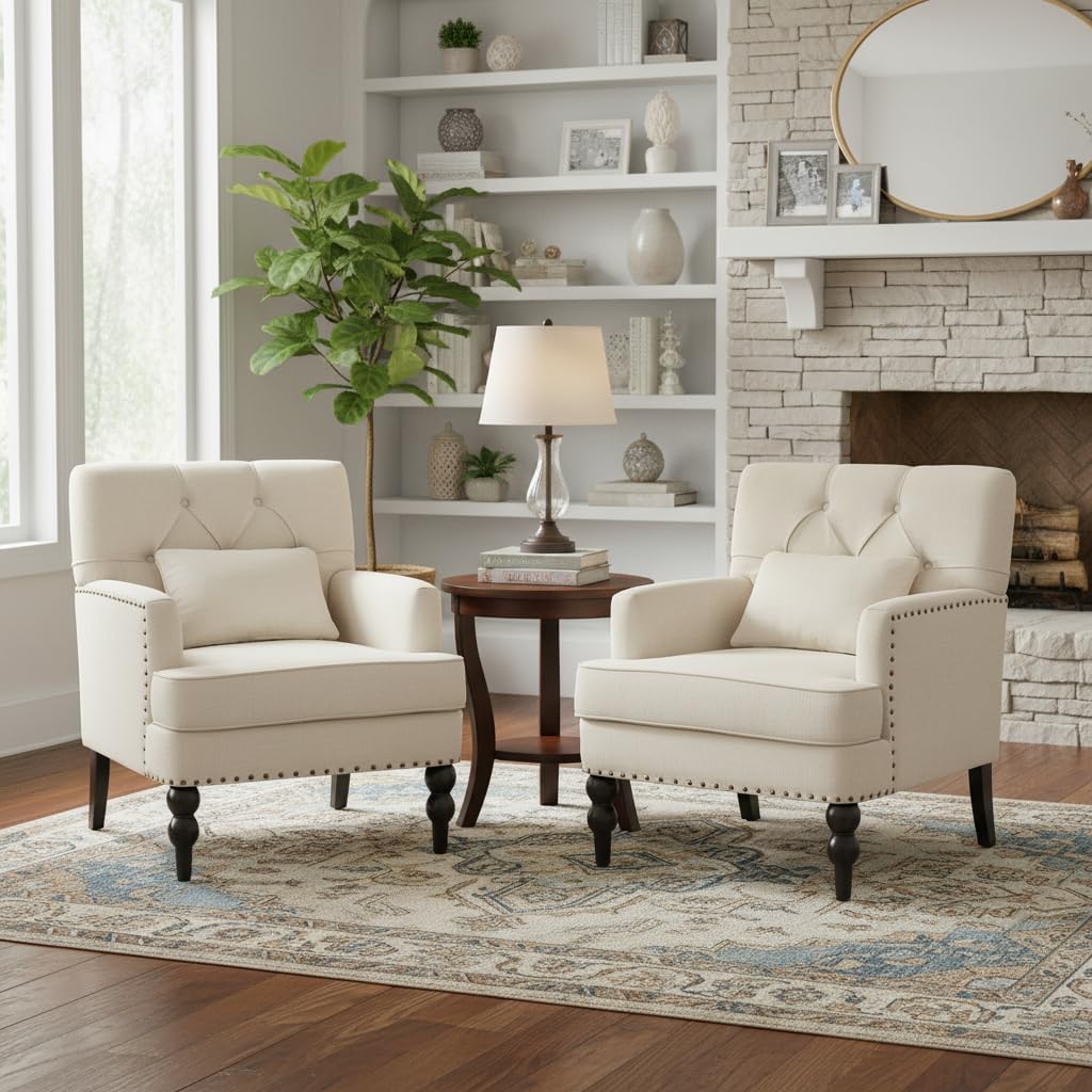 HUIMO Tufted Club Chair Set of 2 with Lumbar Pillow,Accent Chair Upholstered Button Armchair, Linen Fabric Sofa Chairs for Bedroom, Living Room, Mid Century Modern Reading Chair,Beige