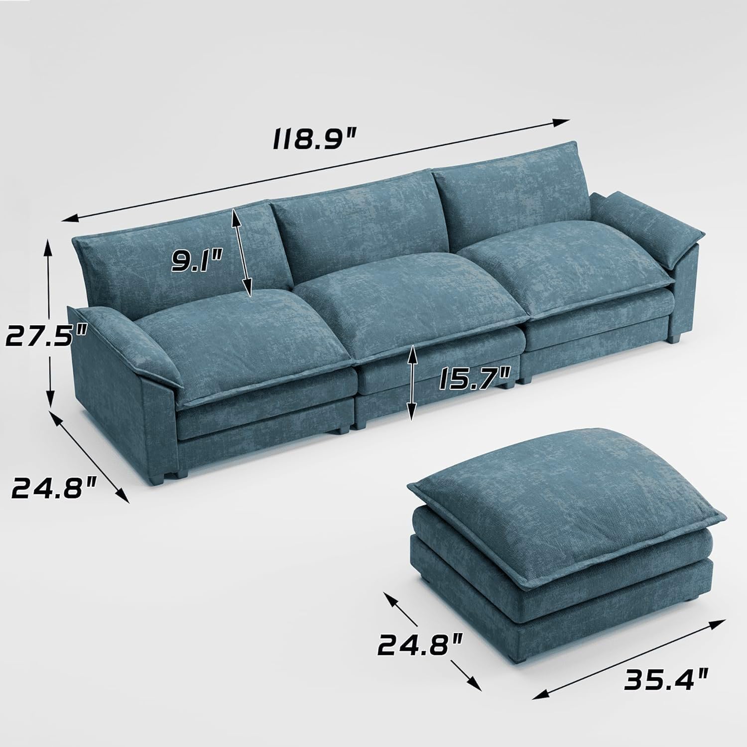Shahoo Sectional Modular Sofa L Shaped Chenille Fabric Couch with High Supportive & Soft Sponges and Removable Ottoman, Sleeper Comfy Upholstered Furniture for Living Room, Blue