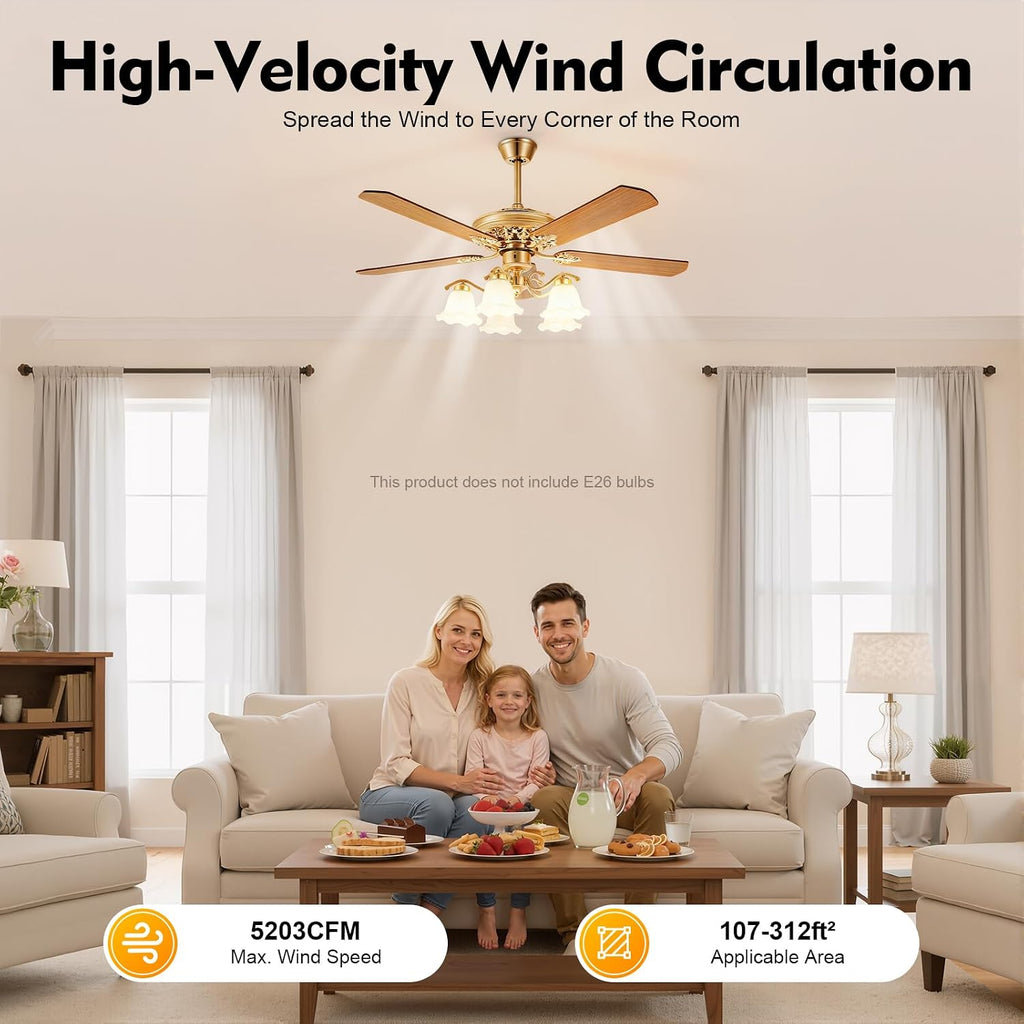 52' Vintage Ceiling Fan with Light - Remote Control 6-Speed Flush Mount Fan with LED, 5 Wood Blades for Bedroom/Living Room/Dining Room (Gold,5203CFM)