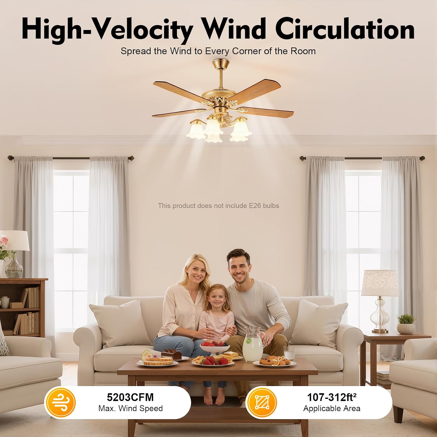 52' Vintage Ceiling Fan with Light - Remote Control 6-Speed Flush Mount Fan with LED, 5 Wood Blades for Bedroom/Living Room/Dining Room (Gold,5203CFM)