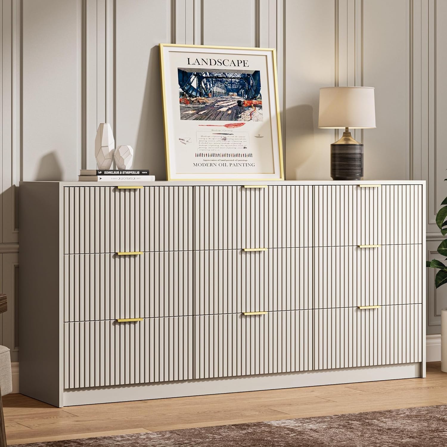 MAISONARIA Beige 9 Drawer Dresser for Bedroom, 63' Wide Modern Fluted Dresser with Gold Metal Handles, Chest of Drawers for Bedroom, Living Room, Entryway, Hallway