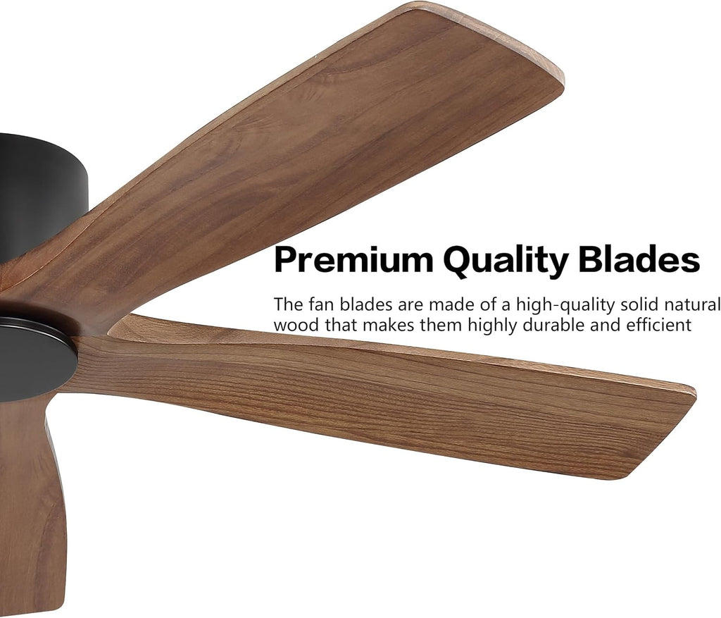 WINGBO 48' Flush Mount DC Ceiling Fans without Lights, 5 Carved Solid Wood Blades, 6-Speed Reversible DC Motor, Low Profile Hugger Ceiling Fan No Lights for Living Room Bedroom Patio, Black and Walnut