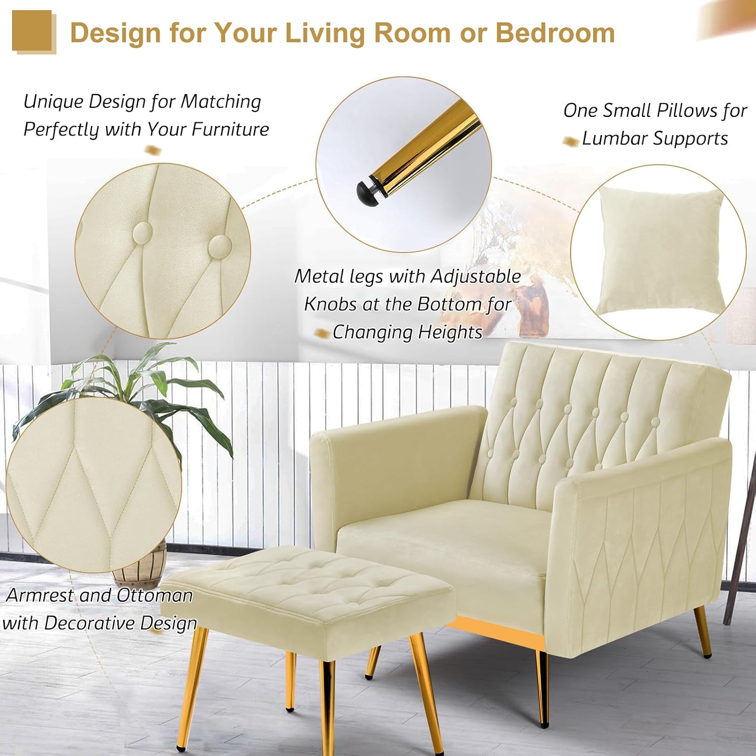 Velvet Accent Chair with Adjustable Armrests and Backrest, Button Tufted Lounge Chair, Single Recliner Armchair with Ottoman and Pillow for Living Room, Bedroom,Beige