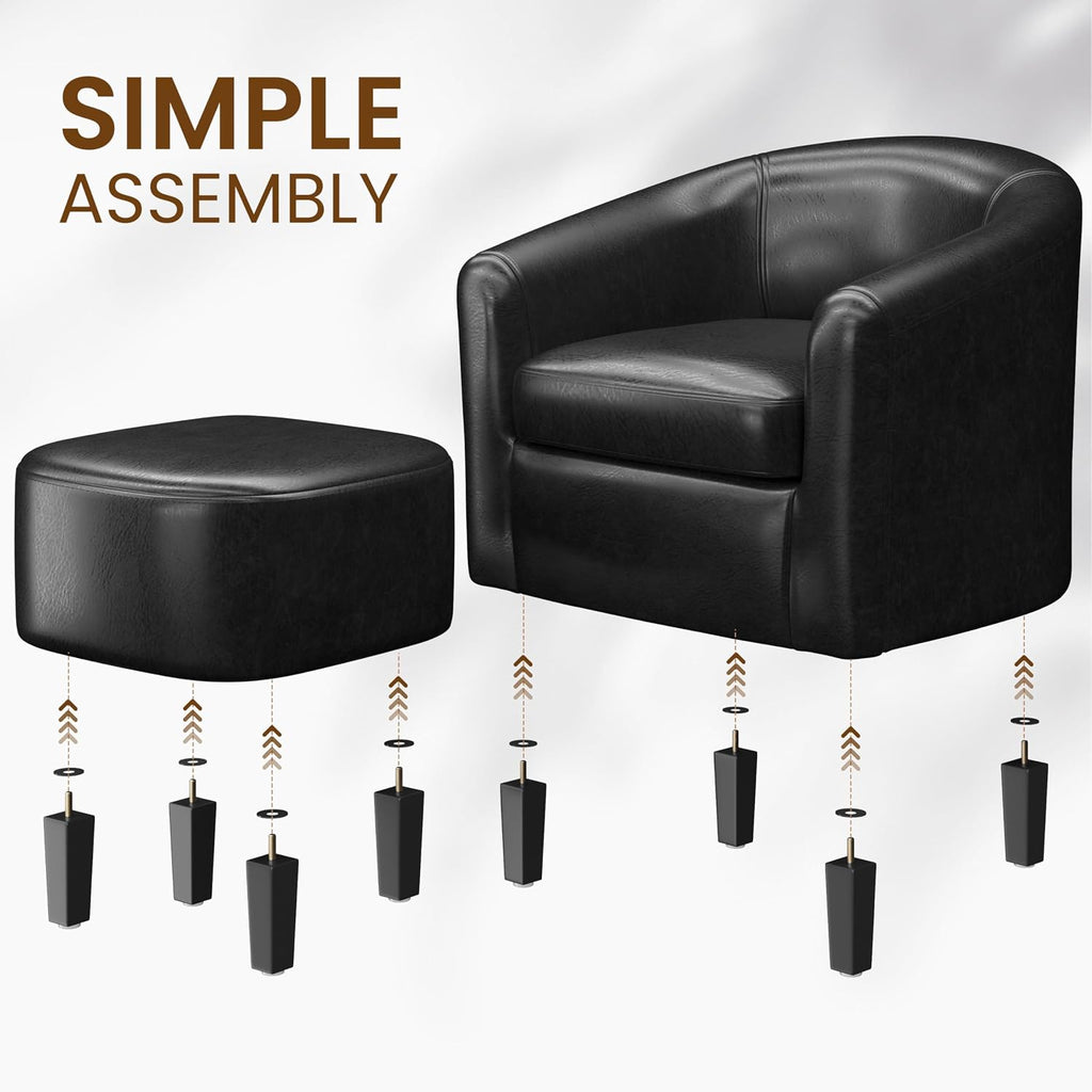 Yaheetech Barrel Chair with Ottoman Set, Faux Leather Accent Chair with Soft Padded and Sturdy Legs for Living Room/Bedroom/Study/Waiting Room, Black