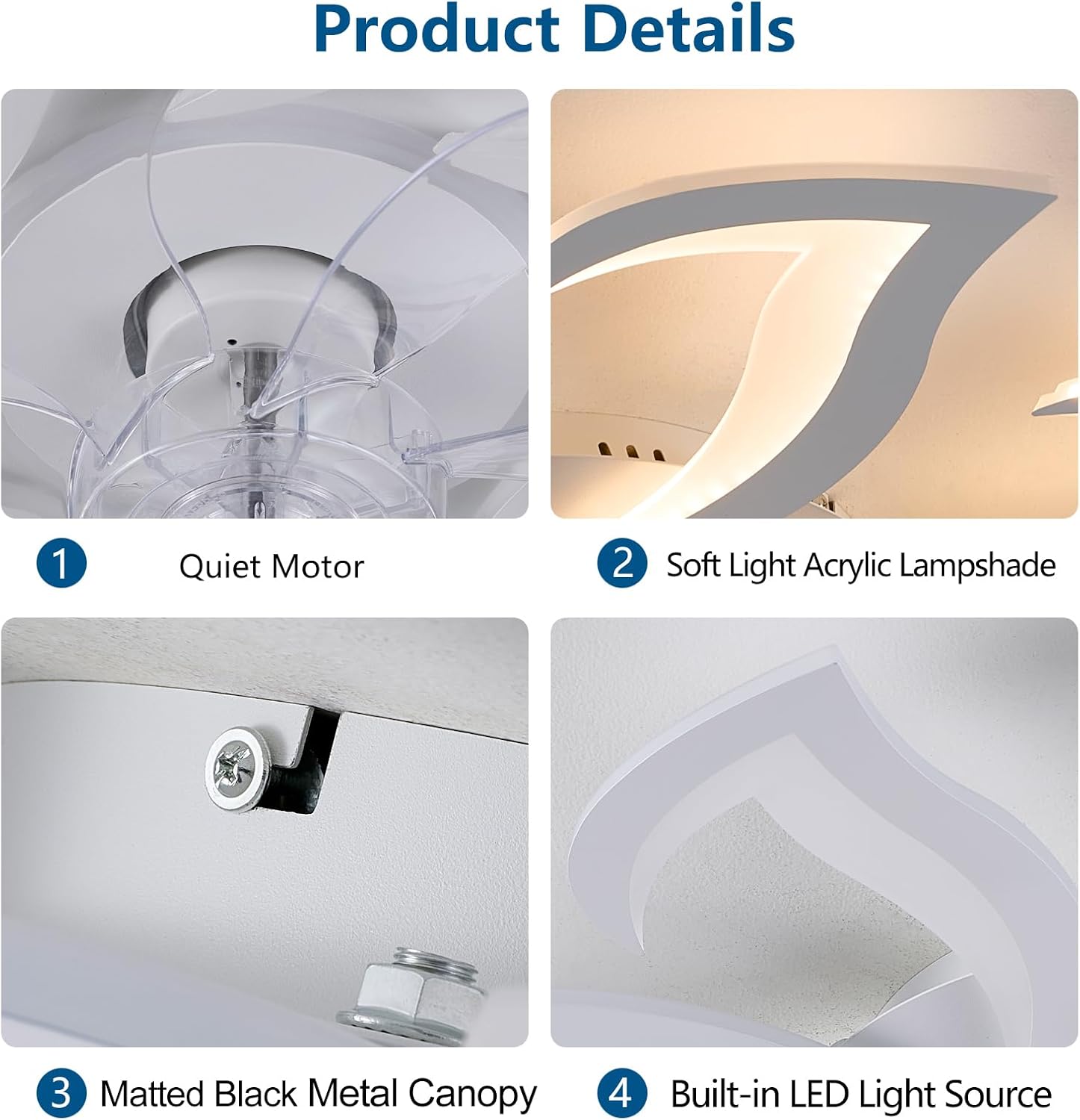 Dalouguan Modern Ceiling Fan with Lights Remote Control, 32' White Flush Mount Ceiling Fan with Light, 6 Speeds 3 Light Color Low Profile Ceiling Fan for Kitchen Bedroom