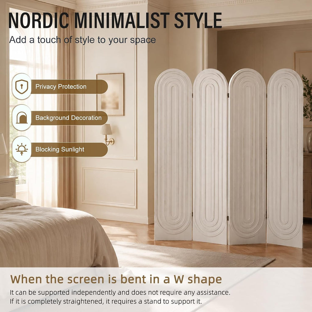 Room Divider and Folding Privacy Screen 4 Panel Wood Arched Room Divider Wall, Separators Divider for Room Separation, Folding Portable Partition Screen for Home Office Bedroom (White)