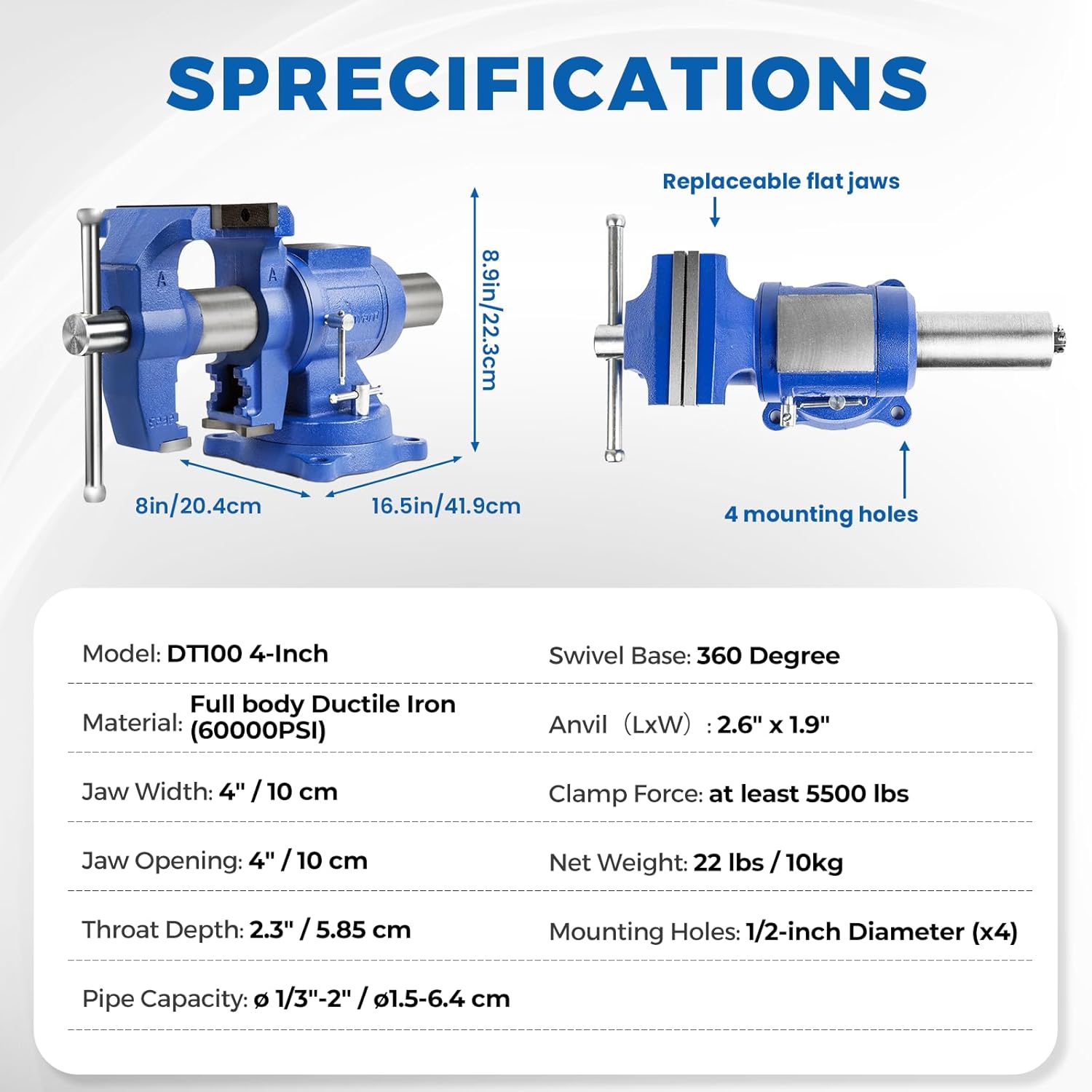 Forward HY-DT100-4IN Heavy Duty Bench Vise 360-Degree Swivel Base and Head with Anvil (4')