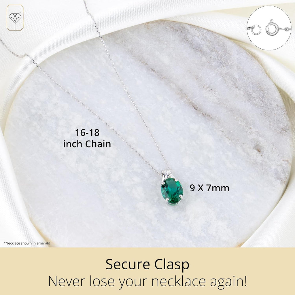 MAX + STONE Solid 14k White or Yellow Gold Gemstone Oval Pendant Necklace for Women with a Drop Twist Setting 9mm x 7mm Birthstone and Adjustable Cable Chain Size 16 to 18 Inches