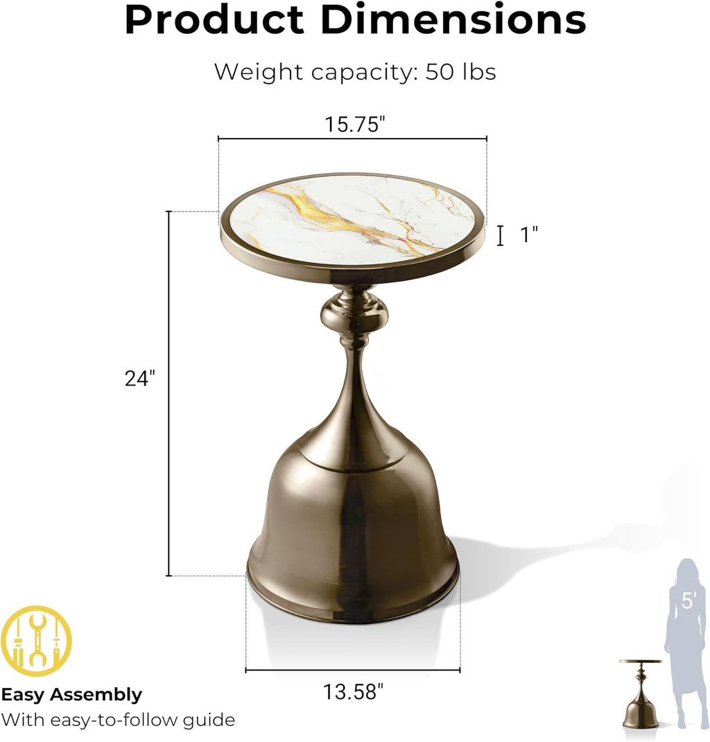 Homes: Inside + Out Halric Modern 24' Tall Round End Table with Decorated Tabletop and Iron Metal Base, Accent Furniture, Elegant Pedestal Stand for Living Room, Home Office, Antique Brass