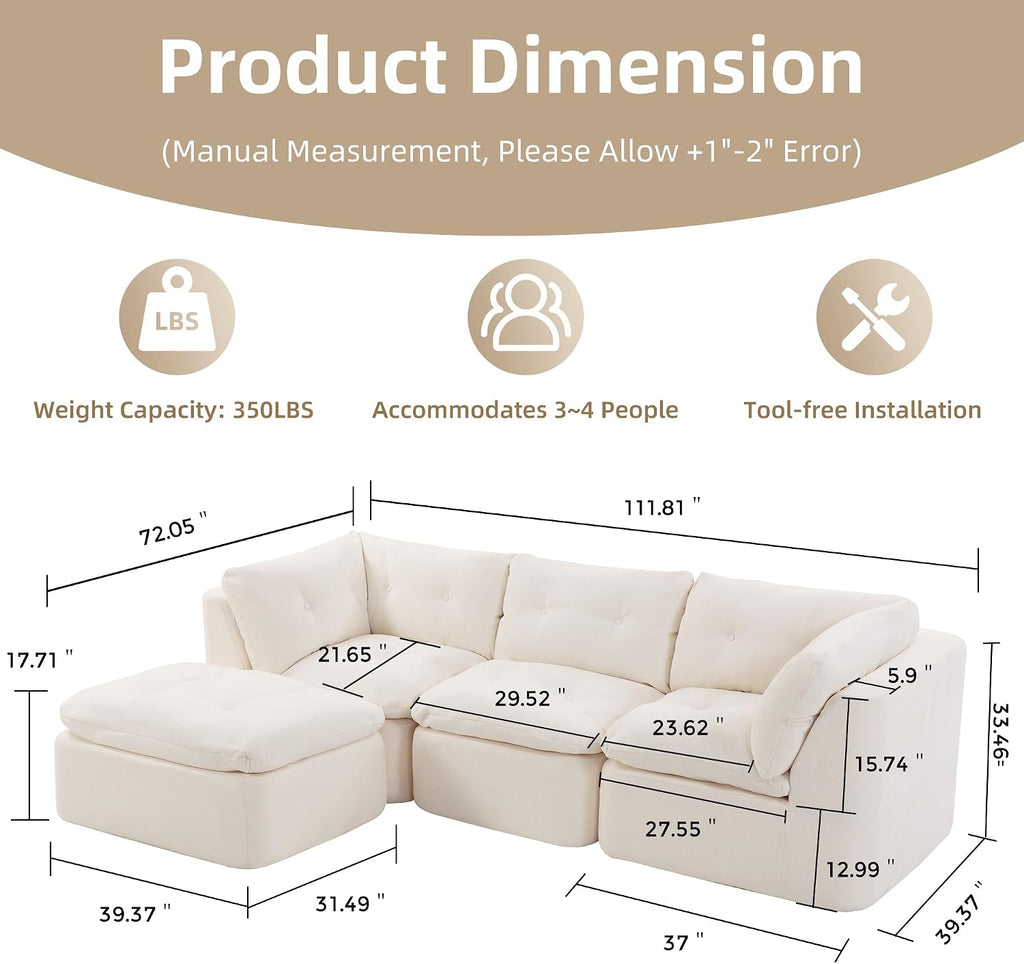 Tufted Cushions Cloud Sectional Boneless Sectional Sofa with Movable Ottoman, 112' Oversized Modular Convertible L Shaped Corner Couch with Deep Seat,Memory Foam Compressed Sofa