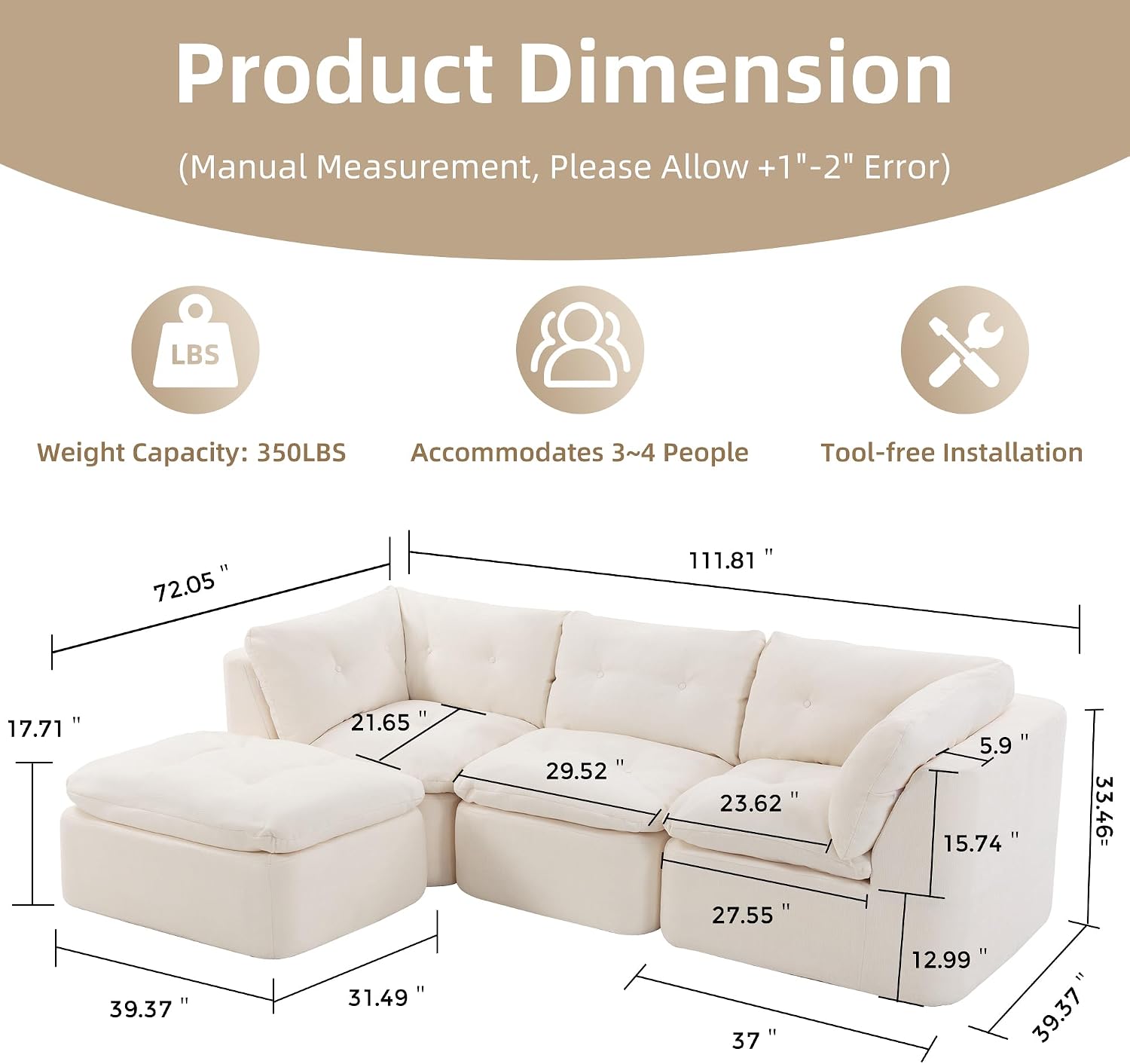 Tufted Cushions Cloud Sectional Boneless Sectional Sofa with Movable Ottoman, 112' Oversized Modular Convertible L Shaped Corner Couch with Deep Seat,Memory Foam Compressed Sofa