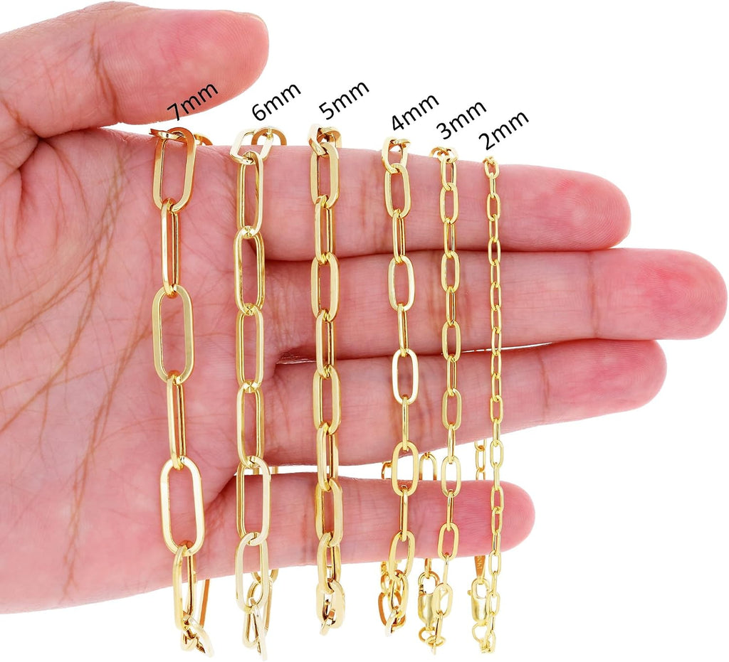 Nuragold 14K Real Yellow Gold Paperclip Chain Elongated Cable Link Necklace 16'-24' (2mm-7mm) Italian Jewelry for Men & Women