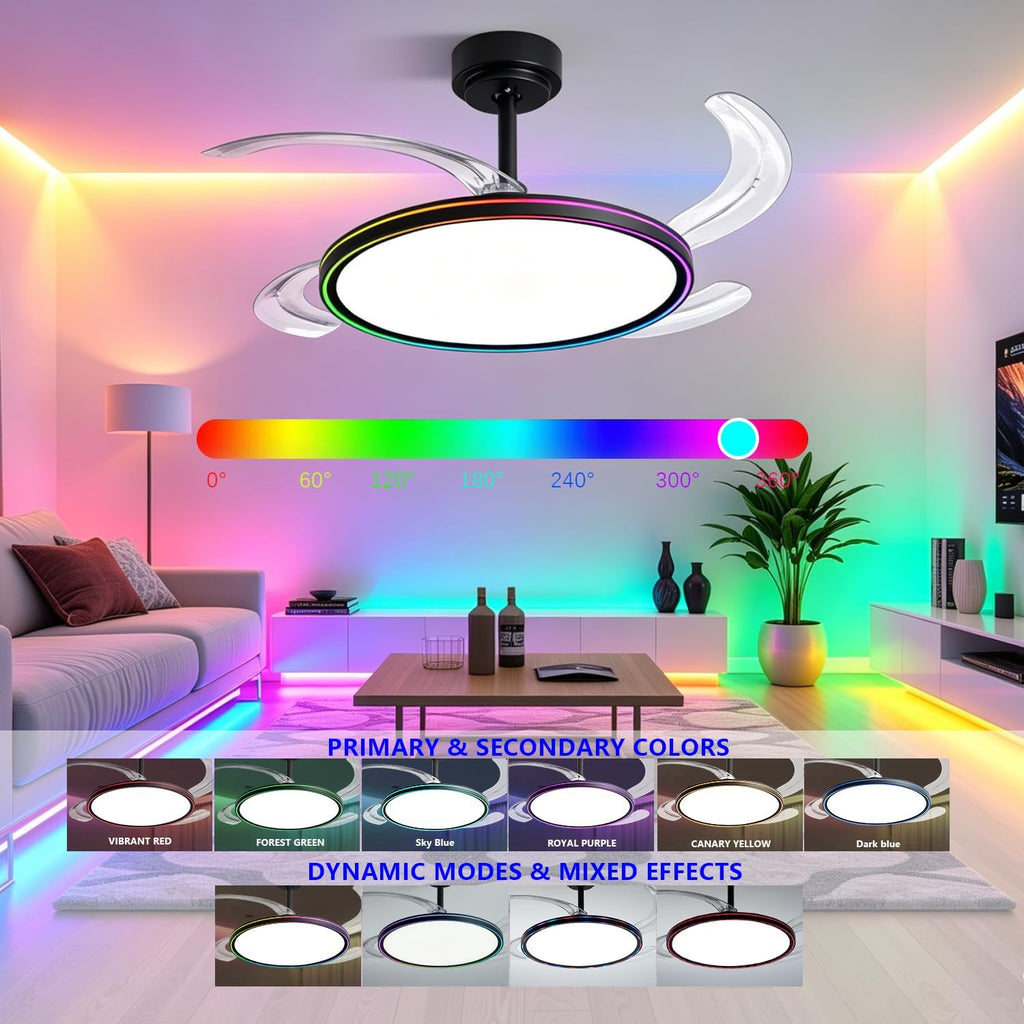 BAYSQUIRREL Slim Retractable Ceiling Fan, 42 Inch Low Profile Ceiling Fan with Remote Control, Dimmable Full Spectrum with Memory, 6-Speed Reversible Fan, Black