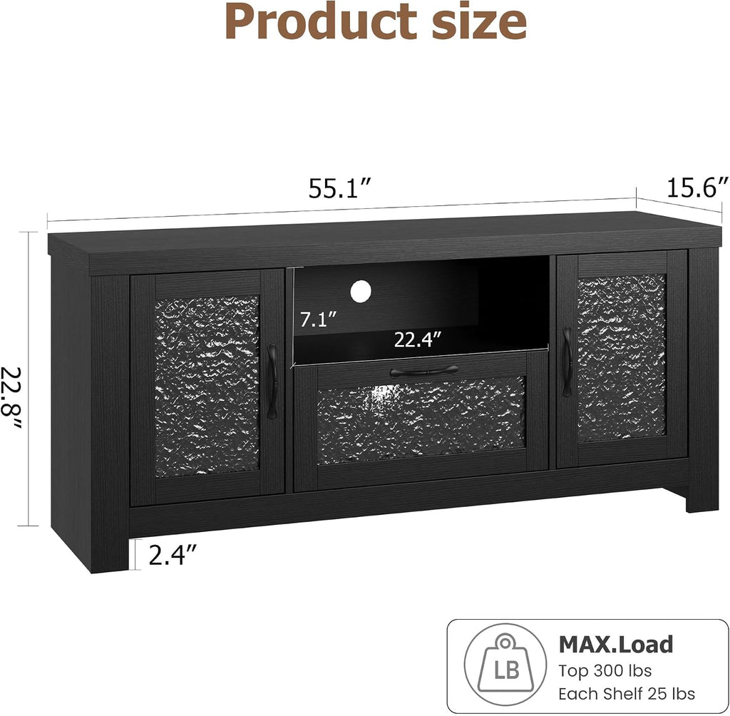 Farmhouse TV Stand for TVs up to 60 Inch, Wood Entertainment Center with Acrylic Door Storage Cabinets, Adjustable Shelves, Sturdy TV Console Table for Living Room Bedroom, Black