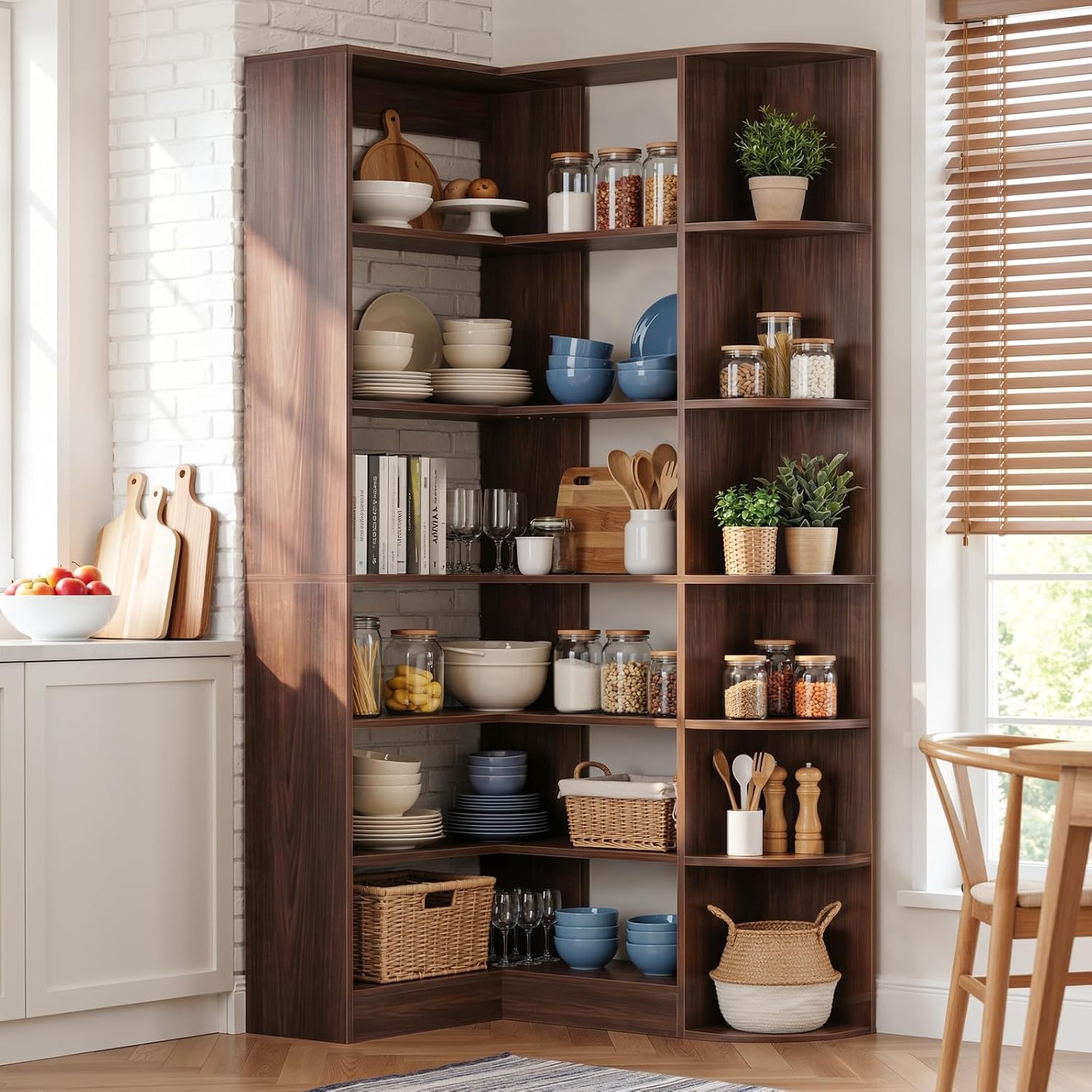Cyclysio 71' Tall Corner Shelf, 7-Tier L-Shaped Corner Bookshelf with Raised Edges, Large Freestanding Storage Rack for Kitchen, Pantry, Dining Room, Living Room, Home Office, Black Walnut