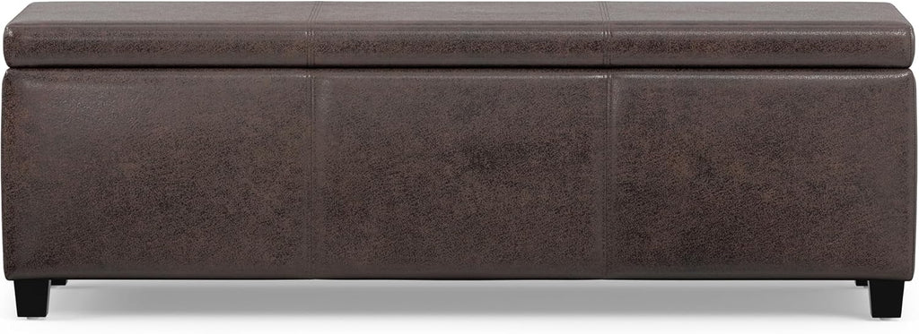 SIMPLIHOME Avalon Storage Ottoman Bench - 48' Wide x 16' High Upholstered Vegan Leather Rectangular Lift-Top Ottoman in Distressed Brown, Contemporary Bench for Living Room with High-Density Foam