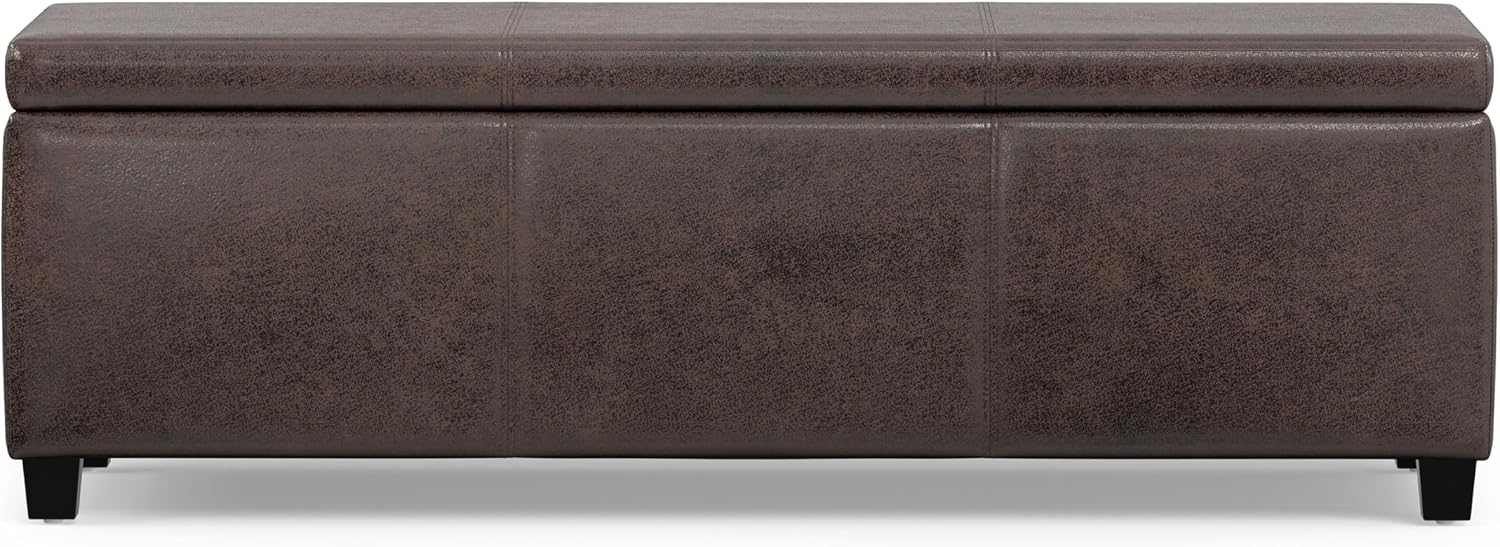 SIMPLIHOME Avalon Storage Ottoman Bench - 48' Wide x 16' High Upholstered Vegan Leather Rectangular Lift-Top Ottoman in Distressed Brown, Contemporary Bench for Living Room with High-Density Foam