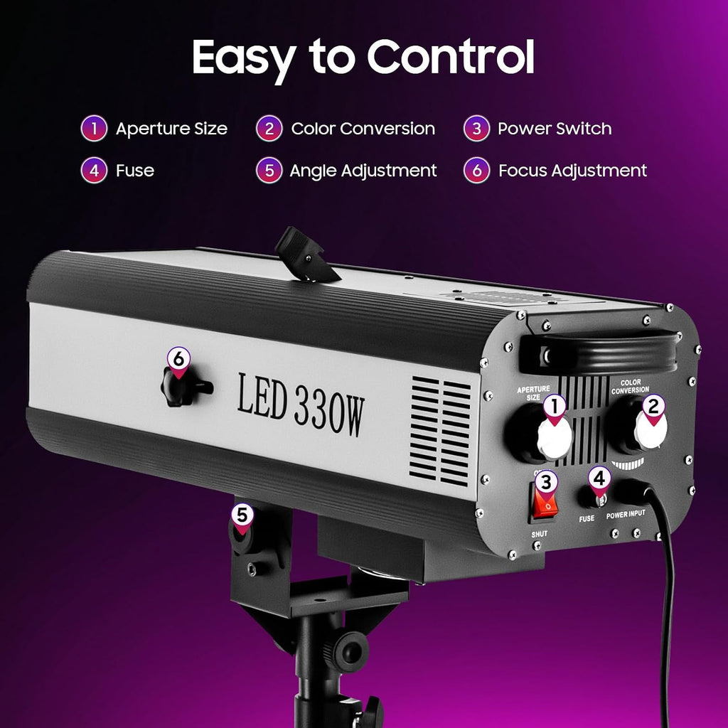330W Stage Lighting with Tripod, LED Stage Spotlight with Adjustable Aperture 6 Color Modes 3 Color Temperatures 5600K 6000K 3200K, Follow Spot Light for Wedding DJ Party Theaters Concert