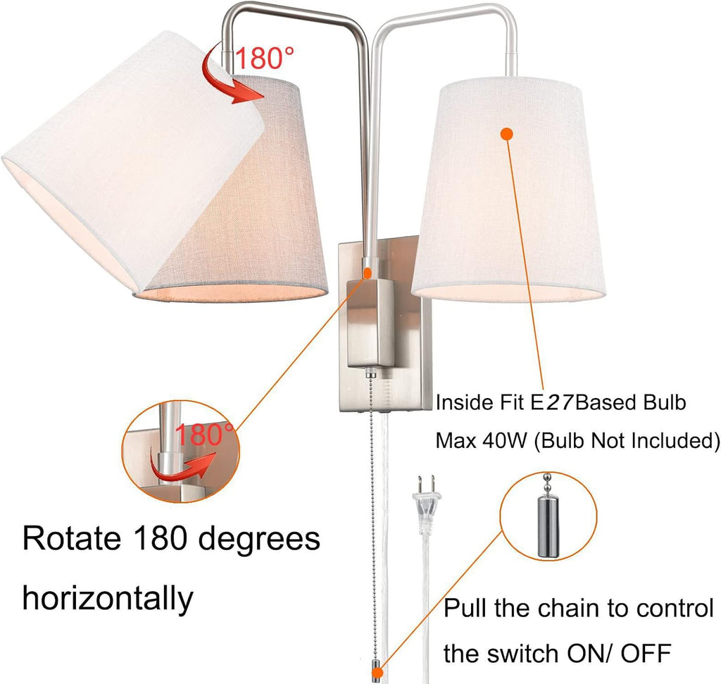Adjustable Plug-in Wall Light with Switch - Metal Chrome E27 Reading Lamp with Fabric Shade - Classic Indoor Spotlight for Bedroom, Living Room, Hotel