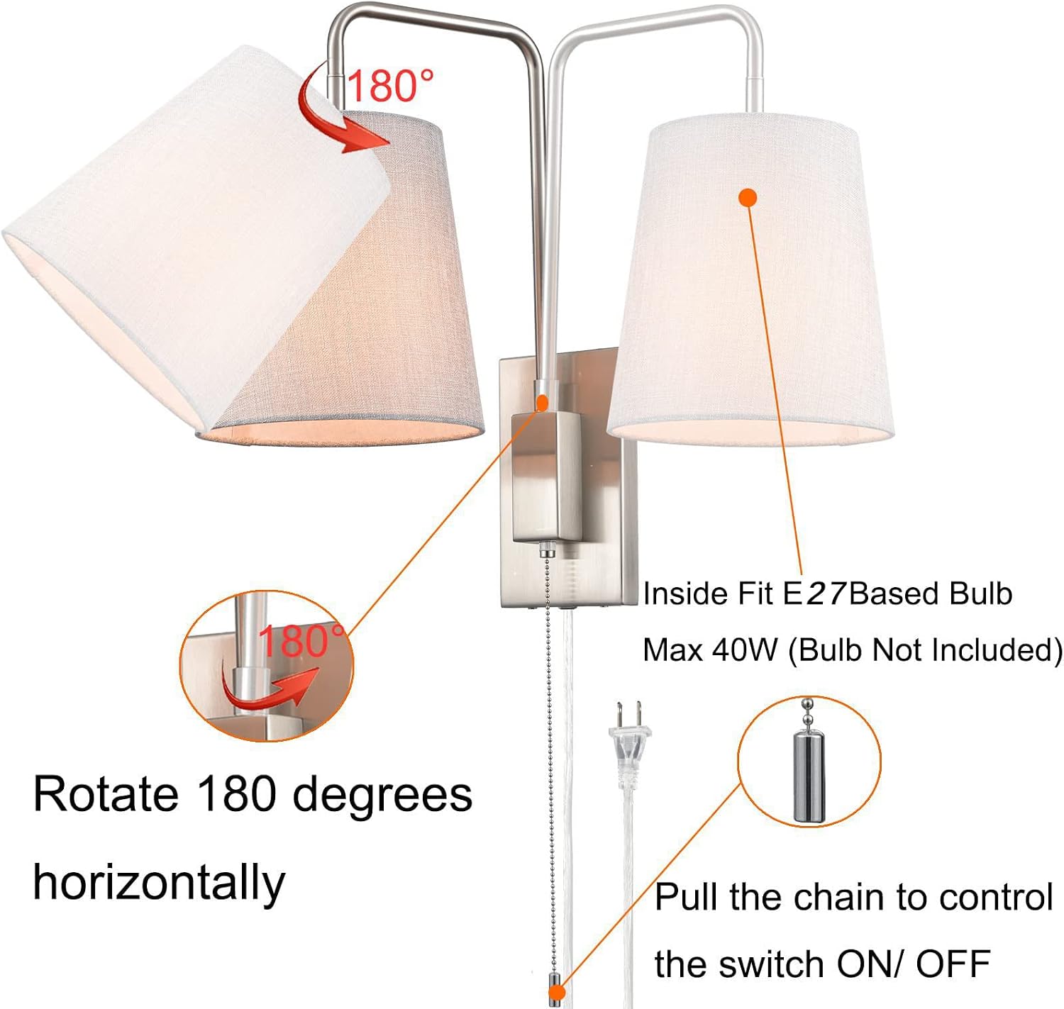 Adjustable Plug-in Wall Light with Switch - Metal Chrome E27 Reading Lamp with Fabric Shade - Classic Indoor Spotlight for Bedroom, Living Room, Hotel