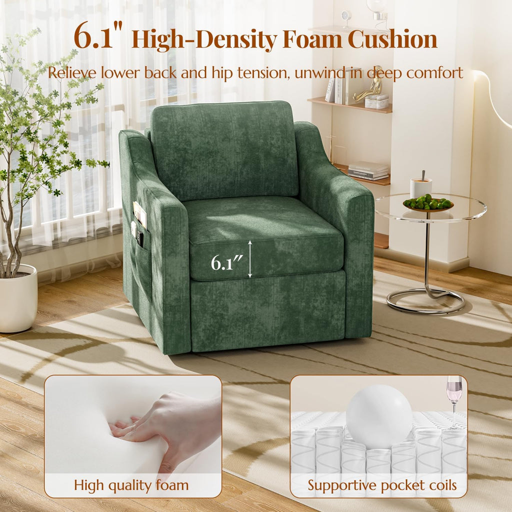 360° Swivel Accent Chair, Large Comfy Reading Chair, Square Single-Seat Armchair Upholstered Sofa with Fabric Material for Reading, Nursery, Living Room, Bedroom, Lounge, Hotel, Green